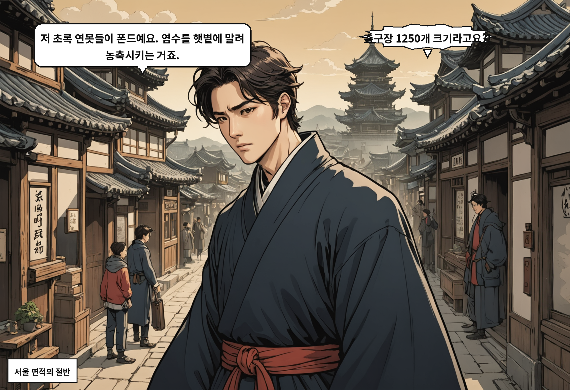 A: 저 초록 연못들이 폰드예요. 염수를 햇볕에 말려 농축시키는 거죠. B: 축구장 1250개 크기라고요?!