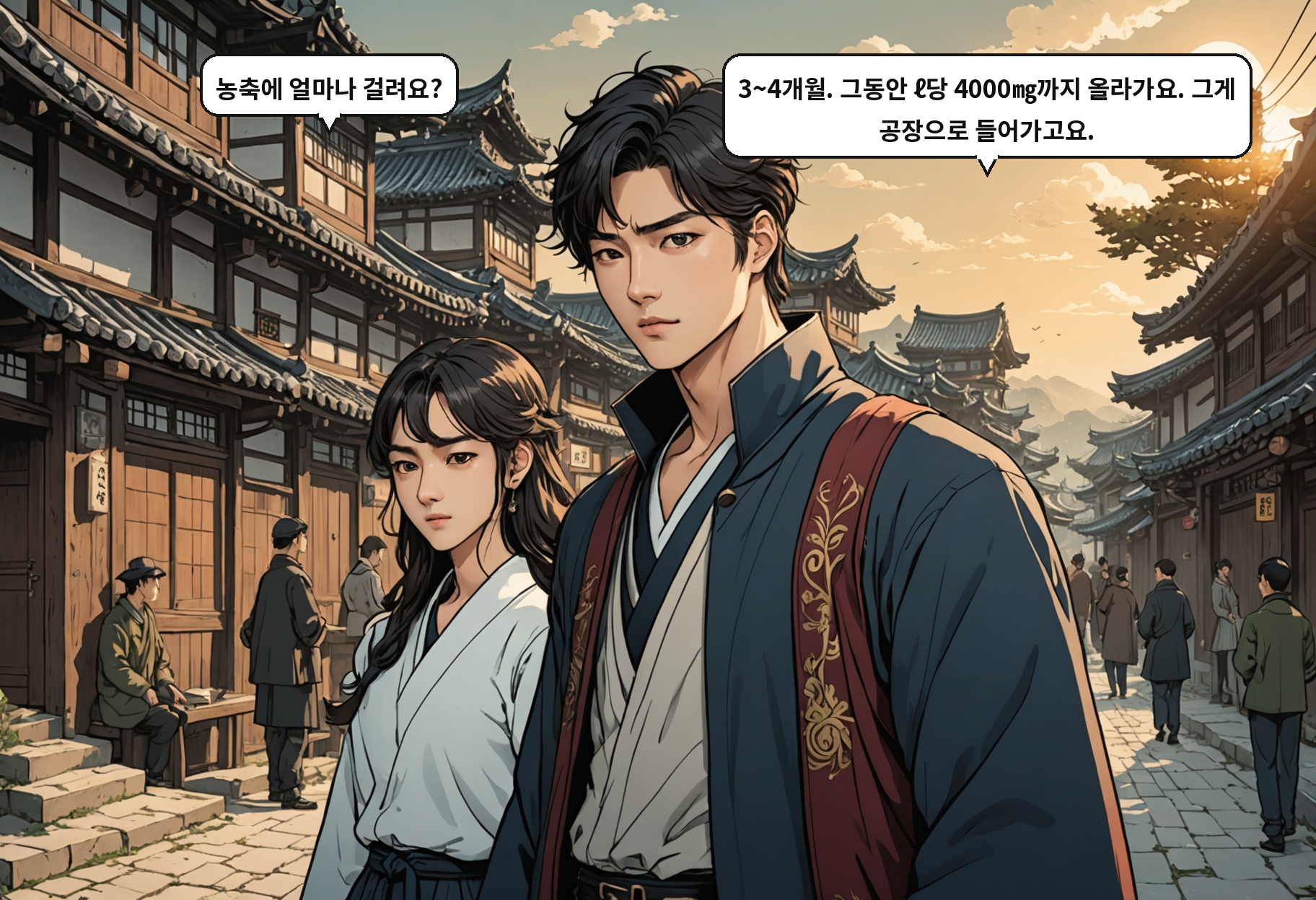 B: 농축에 얼마나 걸려요? A: 3~4개월. 그동안 ℓ당 4000㎎까지 올라가요. 그게 공장으로 들어가고요.