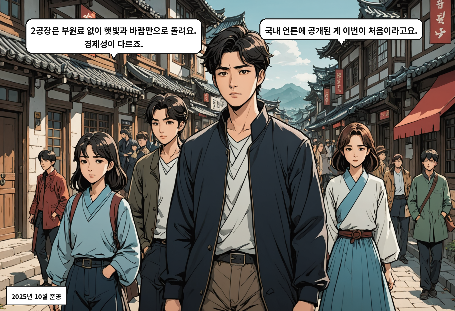 A: 2공장은 부원료 없이 햇빛과 바람만으로 돌려요. 경제성이 다르죠. B: 국내 언론에 공개된 게 이번이 처음이라고요.
