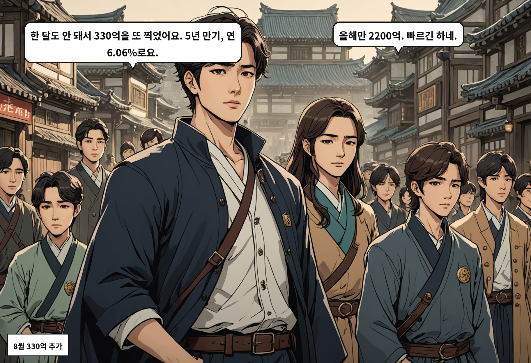 A: 한 달도 안 돼서 330억을 또 찍었어요. 5년 만기, 연 6.06%로요. B: 올해만 2200억. 빠르긴 하네.
