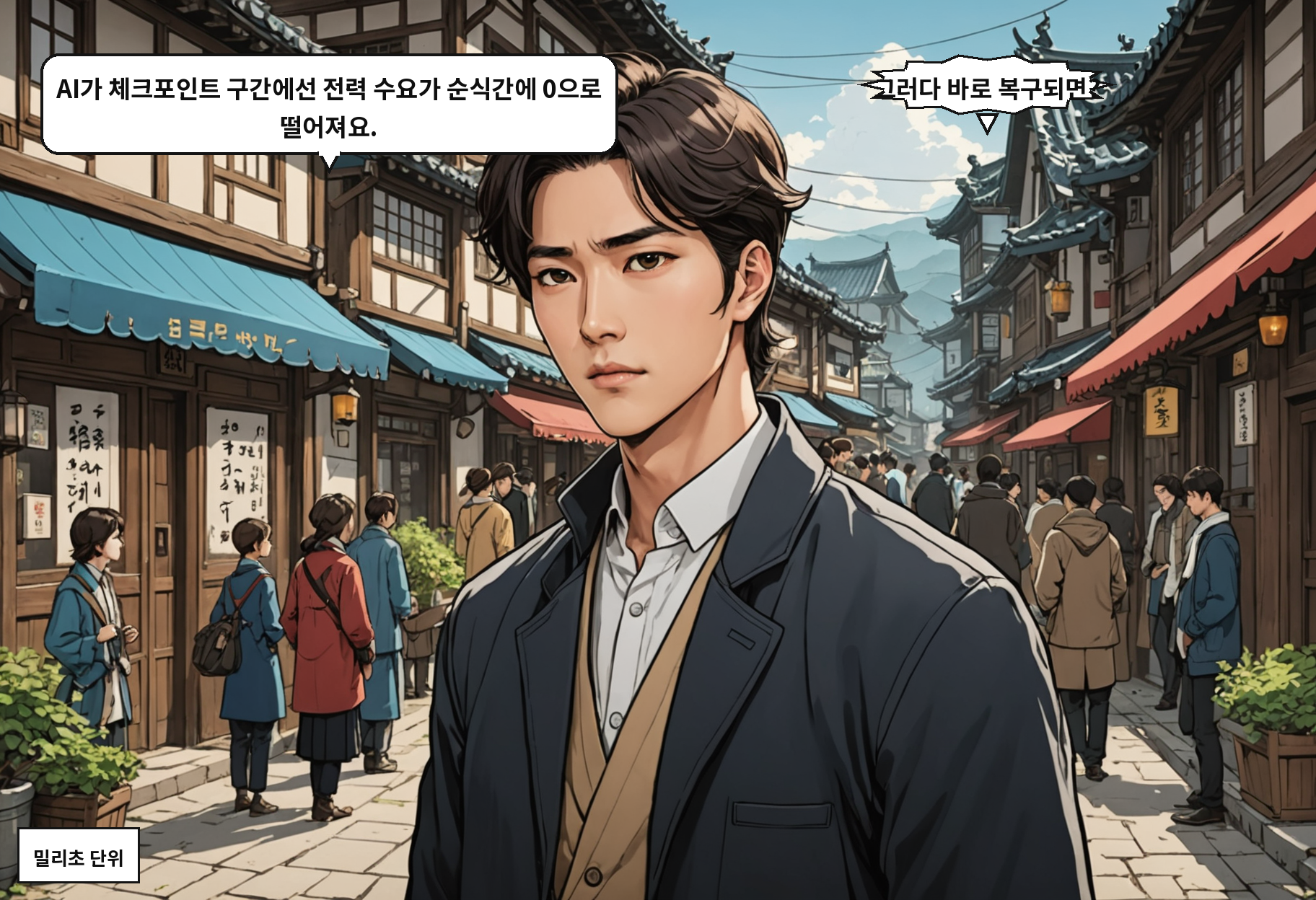 B: AI가 체크포인트 구간에선 전력 수요가 순식간에 0으로 떨어져요. A: 그러다 바로 복구되면?