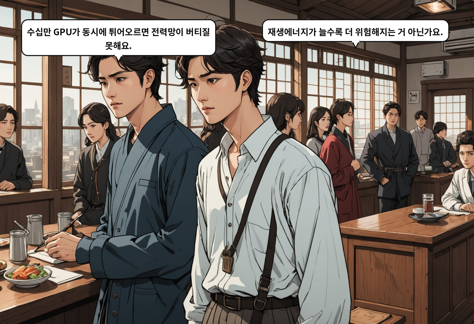 B: 수십만 GPU가 동시에 튀어오르면 전력망이 버티질 못해요. A: 재생에너지가 늘수록 더 위험해지는 거 아닌가요.