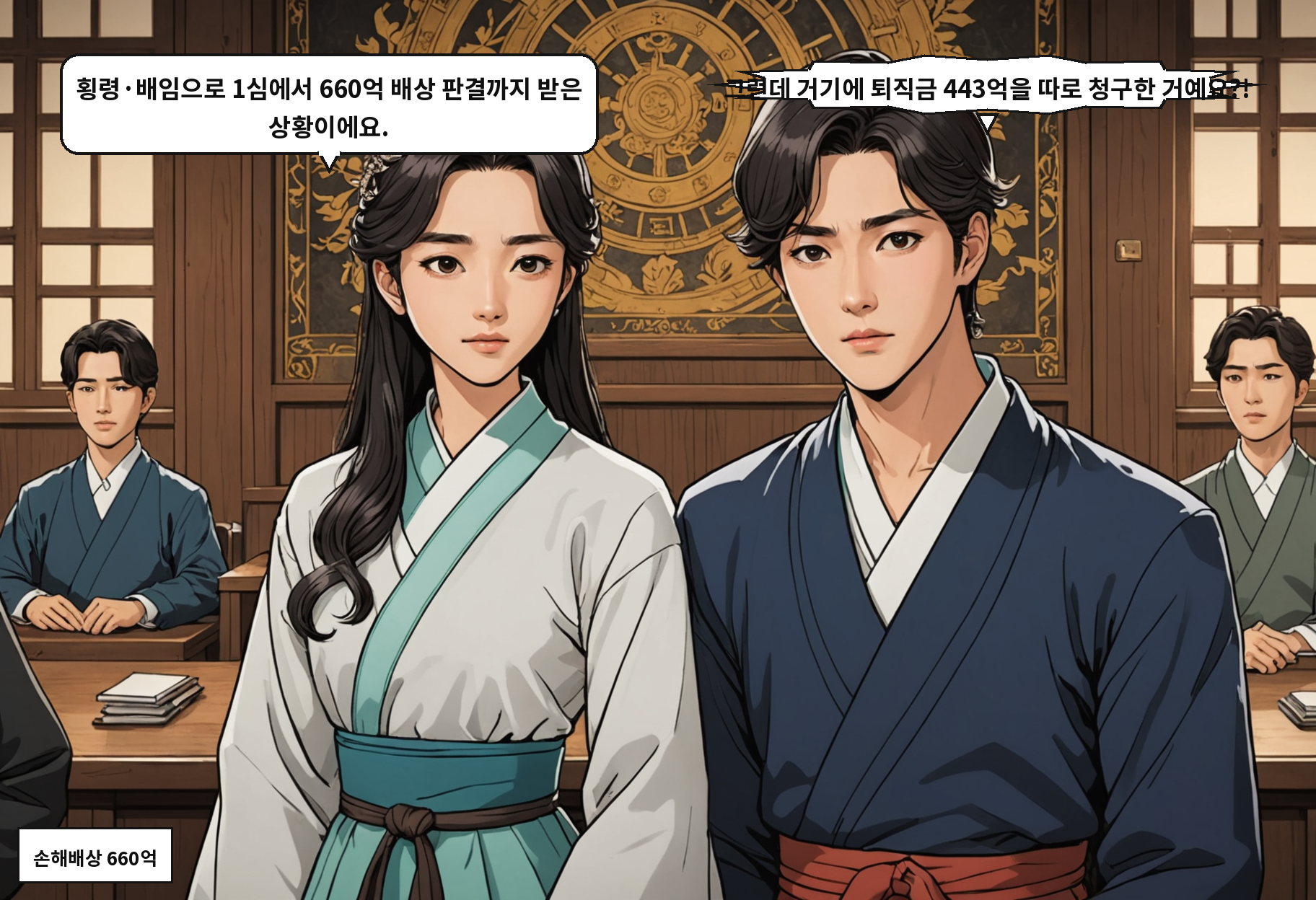 A: 횡령·배임으로 1심에서 660억 배상 판결까지 받은 상황이에요. B: 그런데 거기에 퇴직금 443억을 따로 청구한 거예요?!