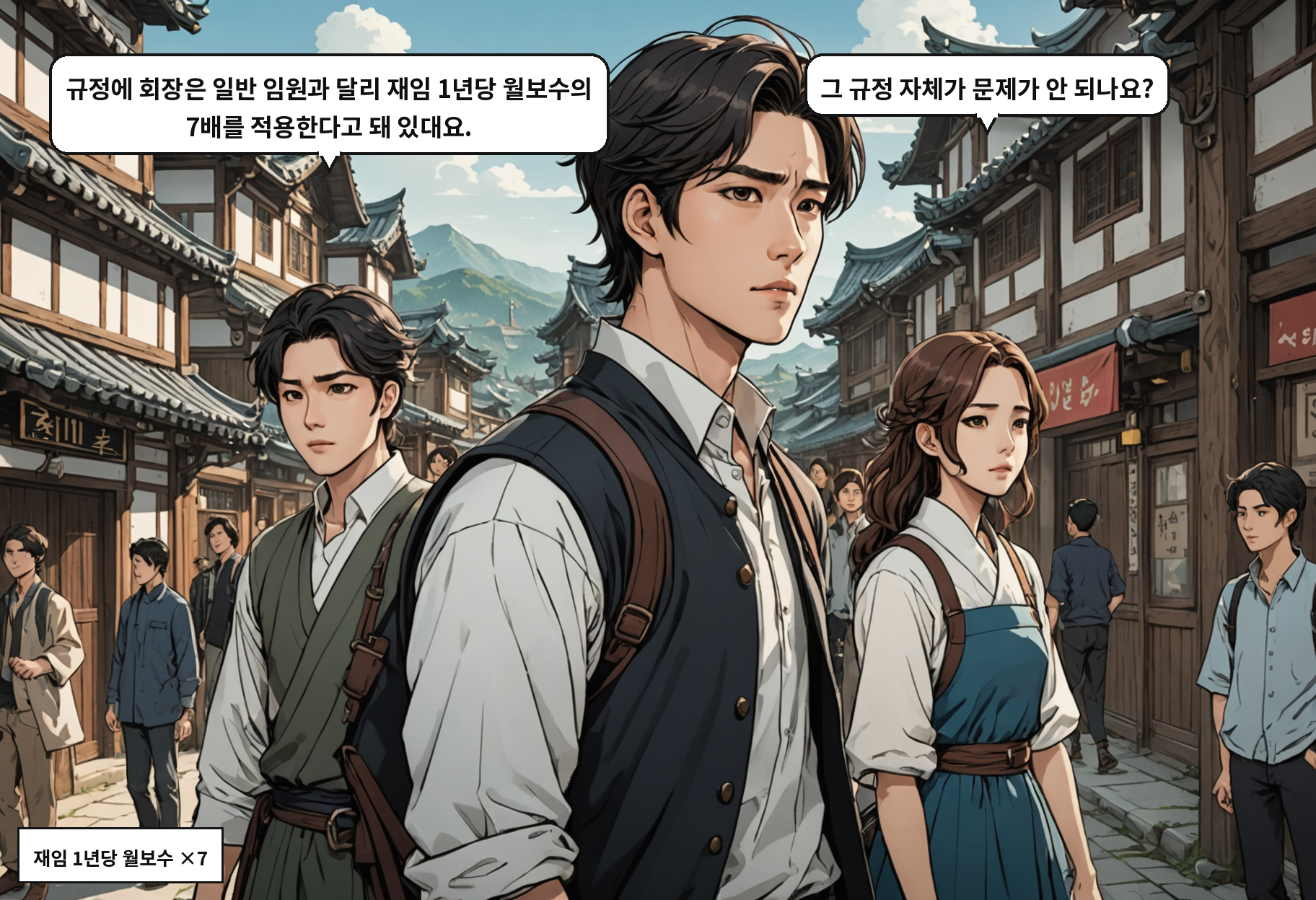 A: 규정에 회장은 일반 임원과 달리 재임 1년당 월보수의 7배를 적용한다고 돼 있대요. B: 그 규정 자체가 문제가 안 되나요?