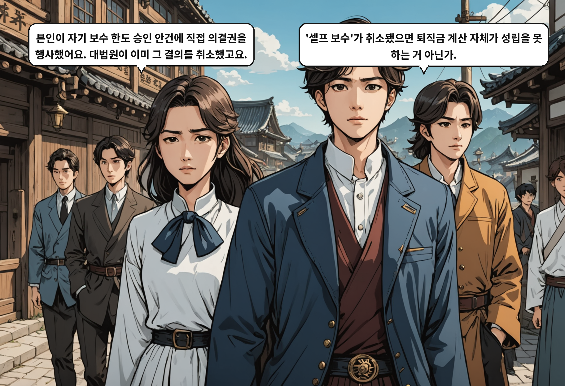 A: 본인이 자기 보수 한도 승인 안건에 직접 의결권을 행사했어요. 대법원이 이미 그 결의를 취소했고요. B: '셀프 보수'가 취소됐으면 퇴직금 계산 자체가 성립을 못 하는 거 아닌가.
