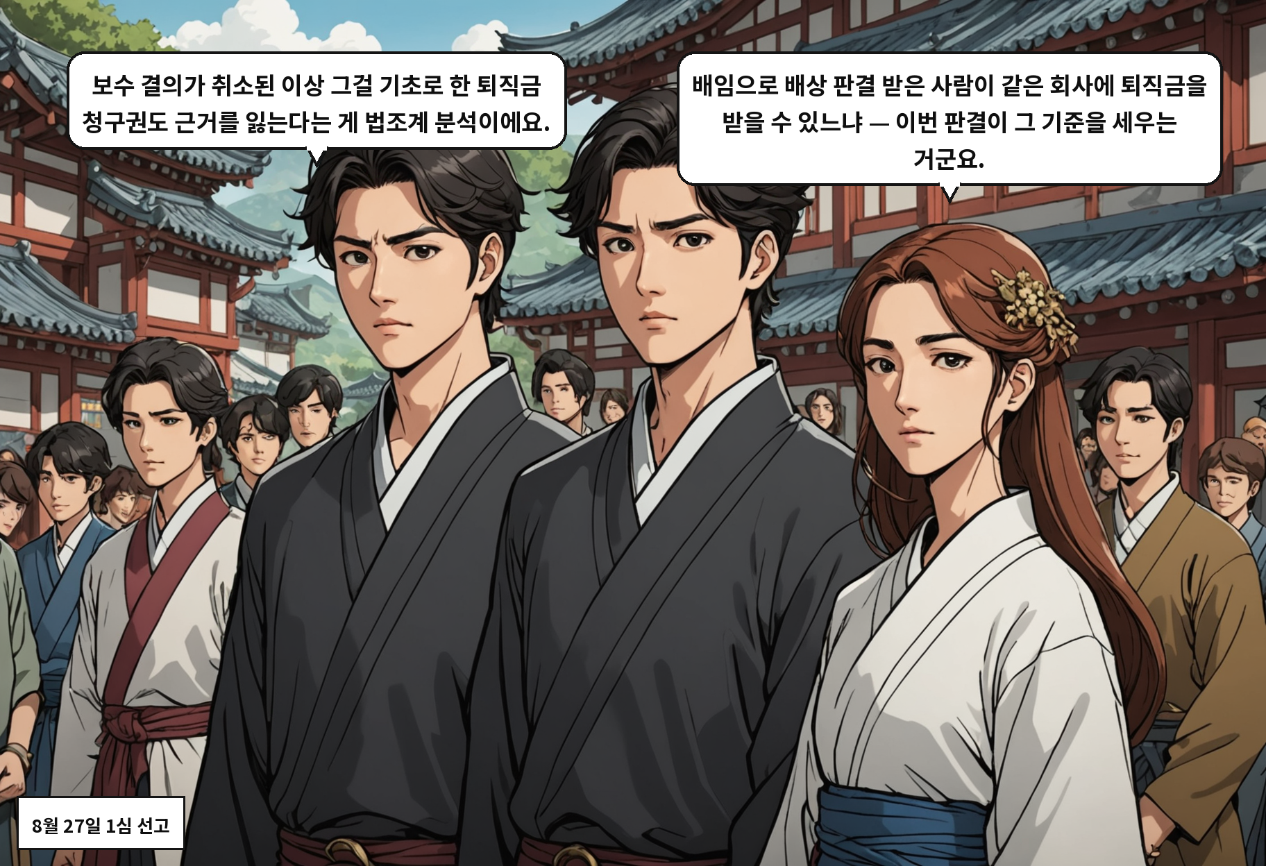 A: 보수 결의가 취소된 이상 그걸 기초로 한 퇴직금 청구권도 근거를 잃는다는 게 법조계 분석이에요. B: 배임으로 배상 판결 받은 사람이 같은 회사에 퇴직금을 받을 수 있느냐 — 이번 판결이 그 기준을 세우는 거군요.