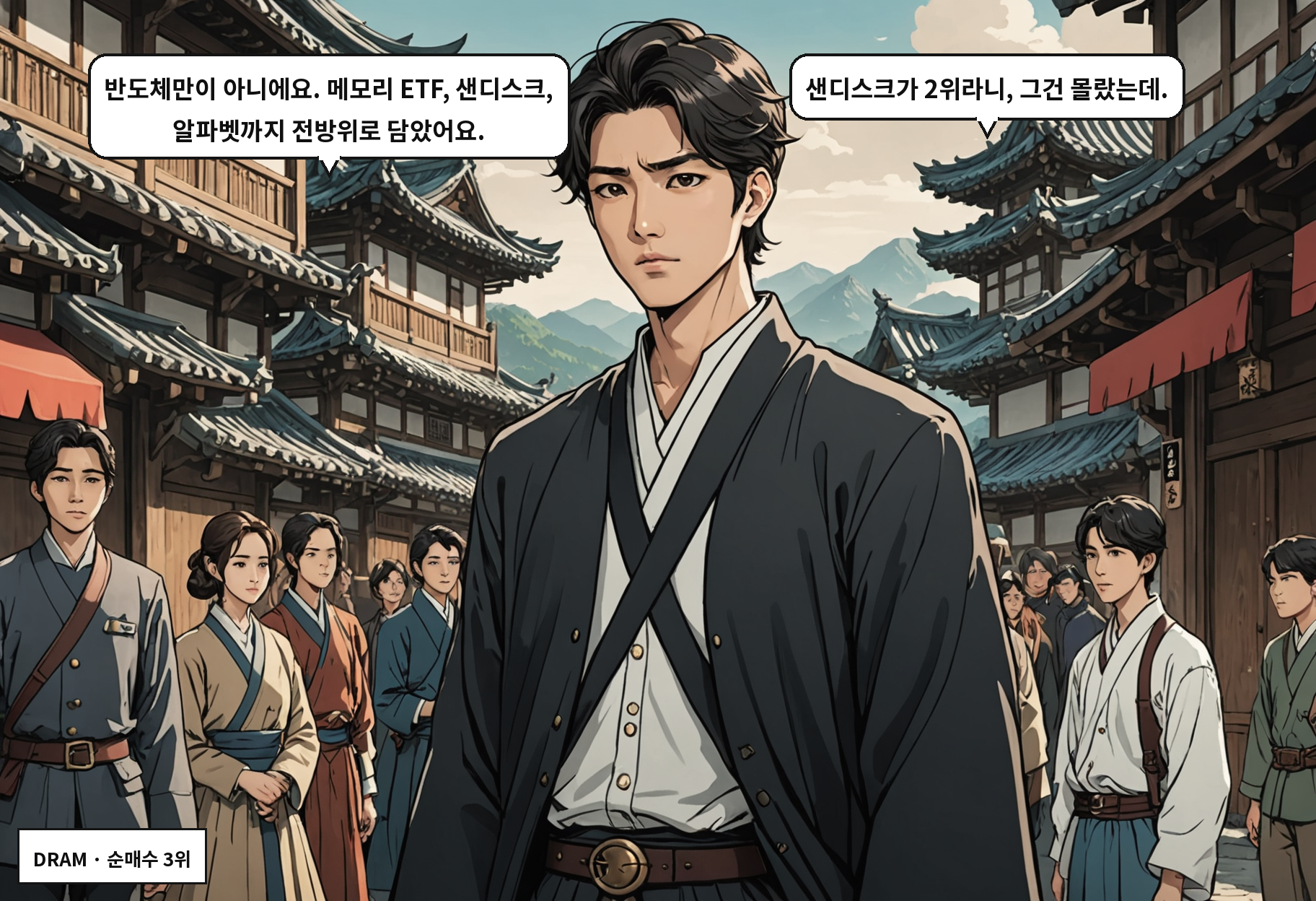 A: 반도체만이 아니에요. 메모리 ETF, 샌디스크, 알파벳까지 전방위로 담았어요. B: 샌디스크가 2위라니, 그건 몰랐는데.