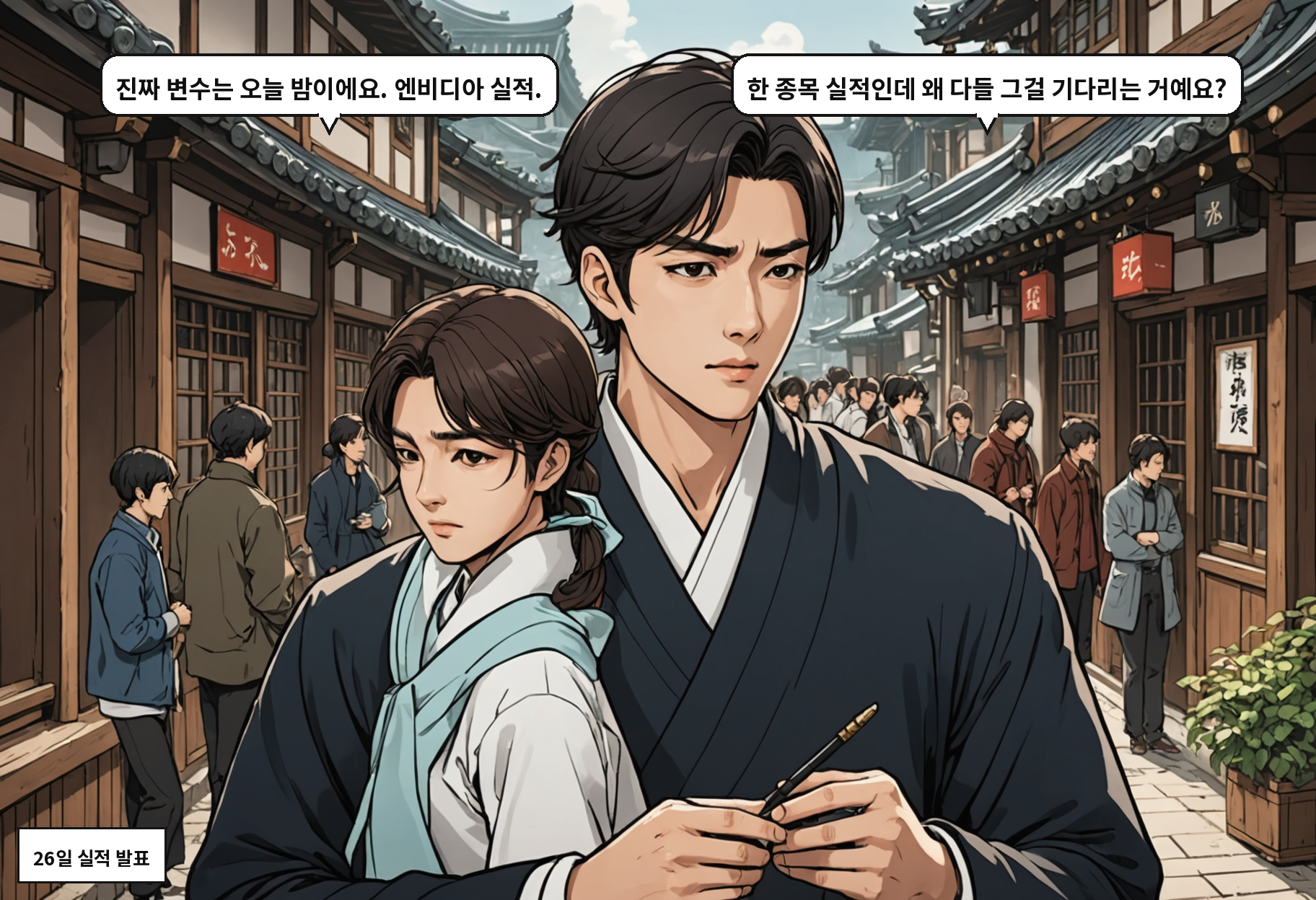 A: 진짜 변수는 오늘 밤이에요. 엔비디아 실적. B: 한 종목 실적인데 왜 다들 그걸 기다리는 거예요?