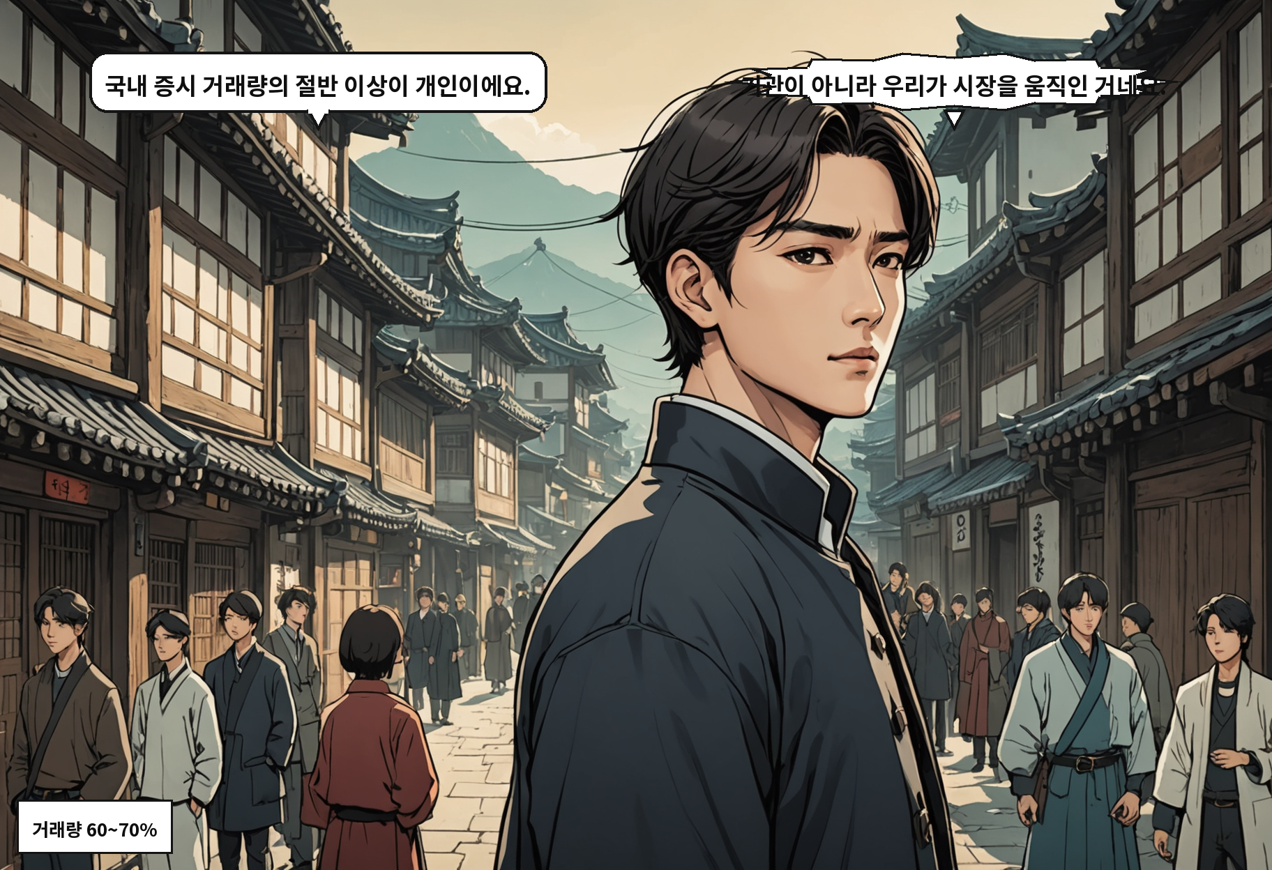 B: 국내 증시 거래량의 절반 이상이 개인이에요. A: 기관이 아니라 우리가 시장을 움직인 거네요.