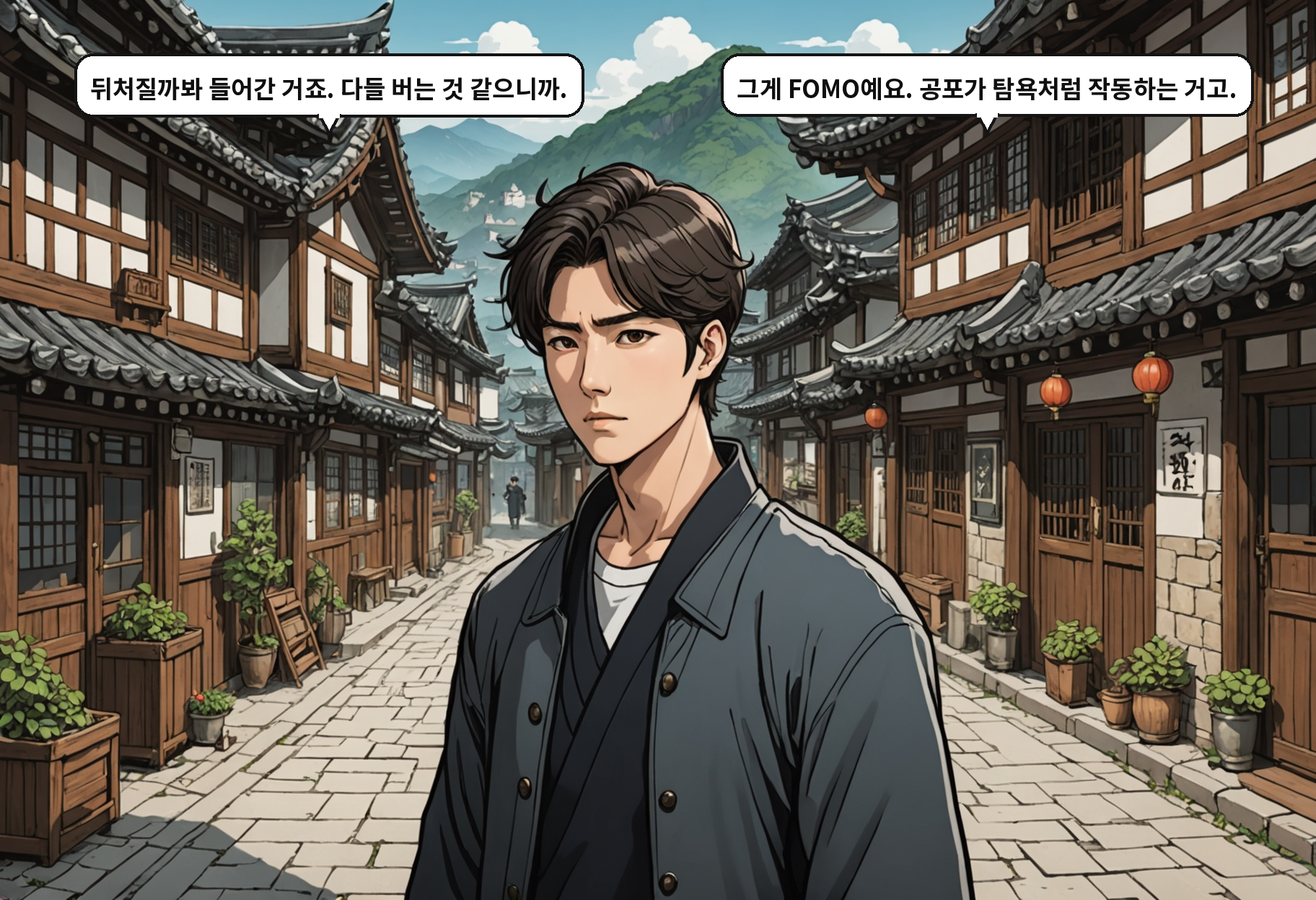 A: 뒤처질까봐 들어간 거죠. 다들 버는 것 같으니까. B: 그게 FOMO예요. 공포가 탐욕처럼 작동하는 거고.