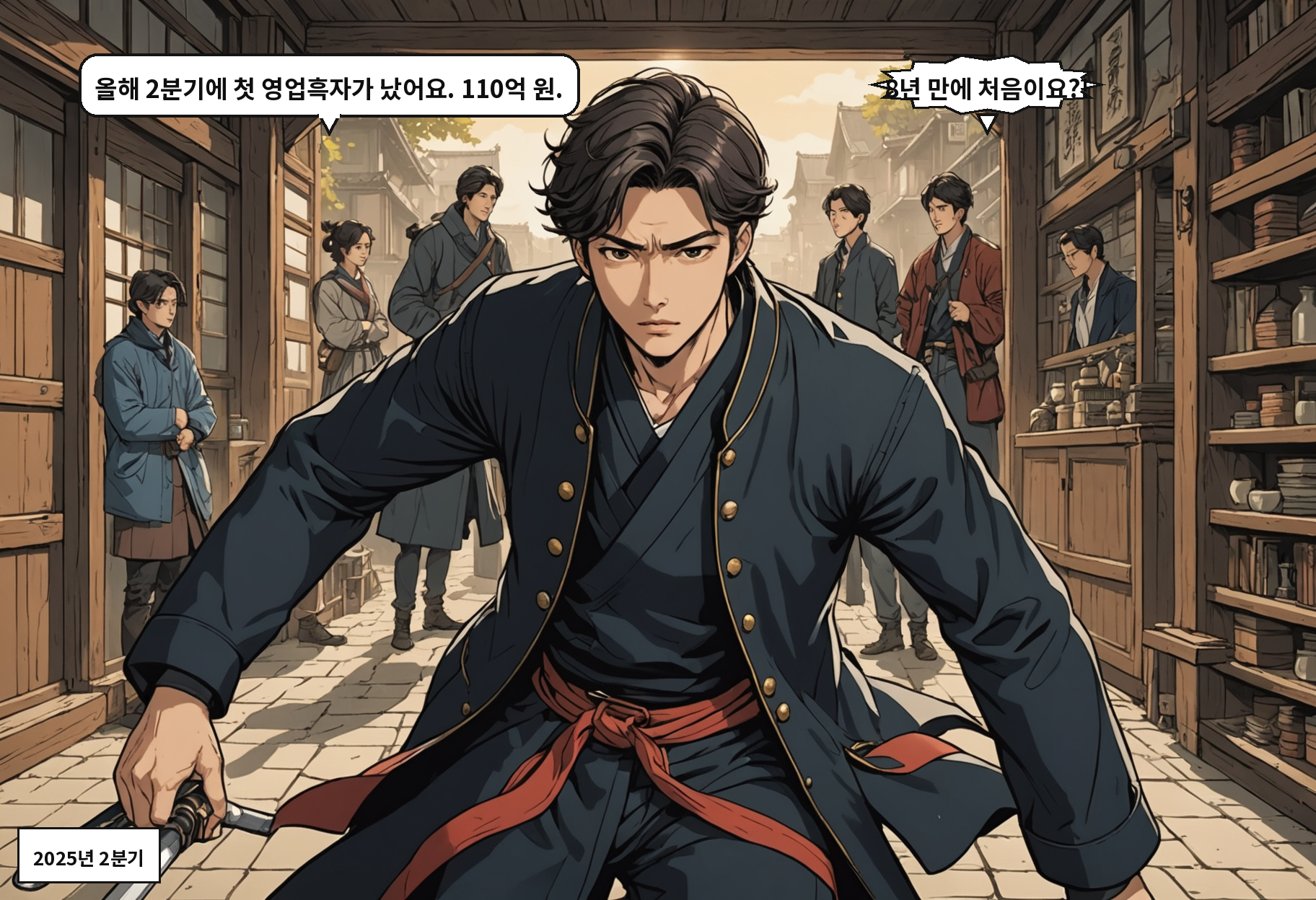 A: 올해 2분기에 첫 영업흑자가 났어요. 110억 원. B: 8년 만에 처음이요?!