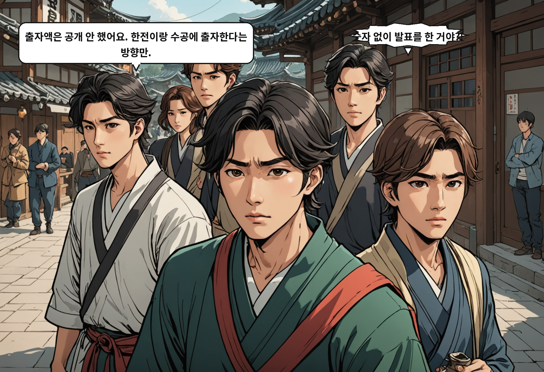 A: 출자액은 공개 안 했어요. 한전이랑 수공에 출자한다는 방향만. B: 숫자 없이 발표를 한 거야?!