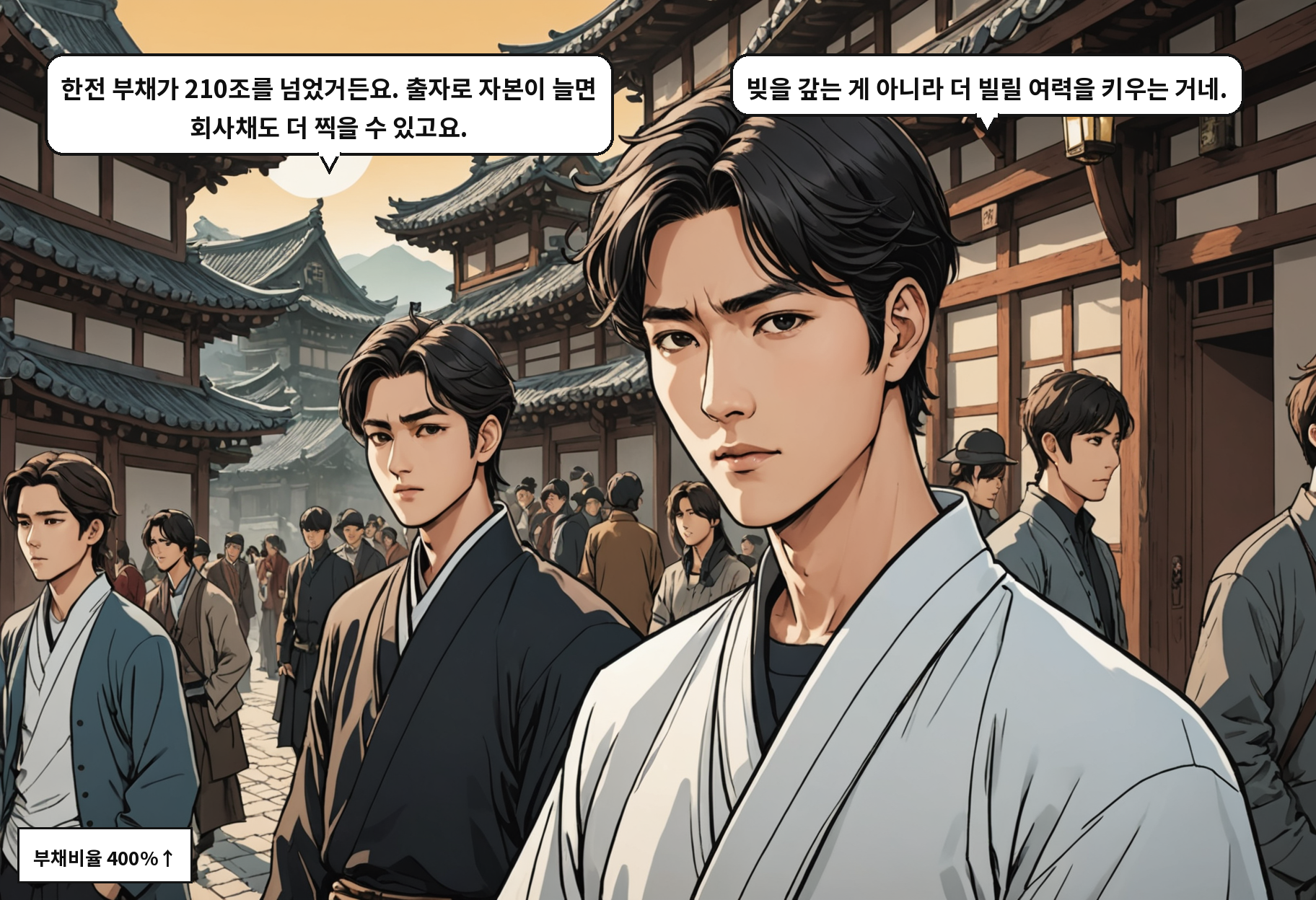 A: 한전 부채가 210조를 넘었거든요. 출자로 자본이 늘면 회사채도 더 찍을 수 있고요. B: 빚을 갚는 게 아니라 더 빌릴 여력을 키우는 거네.
