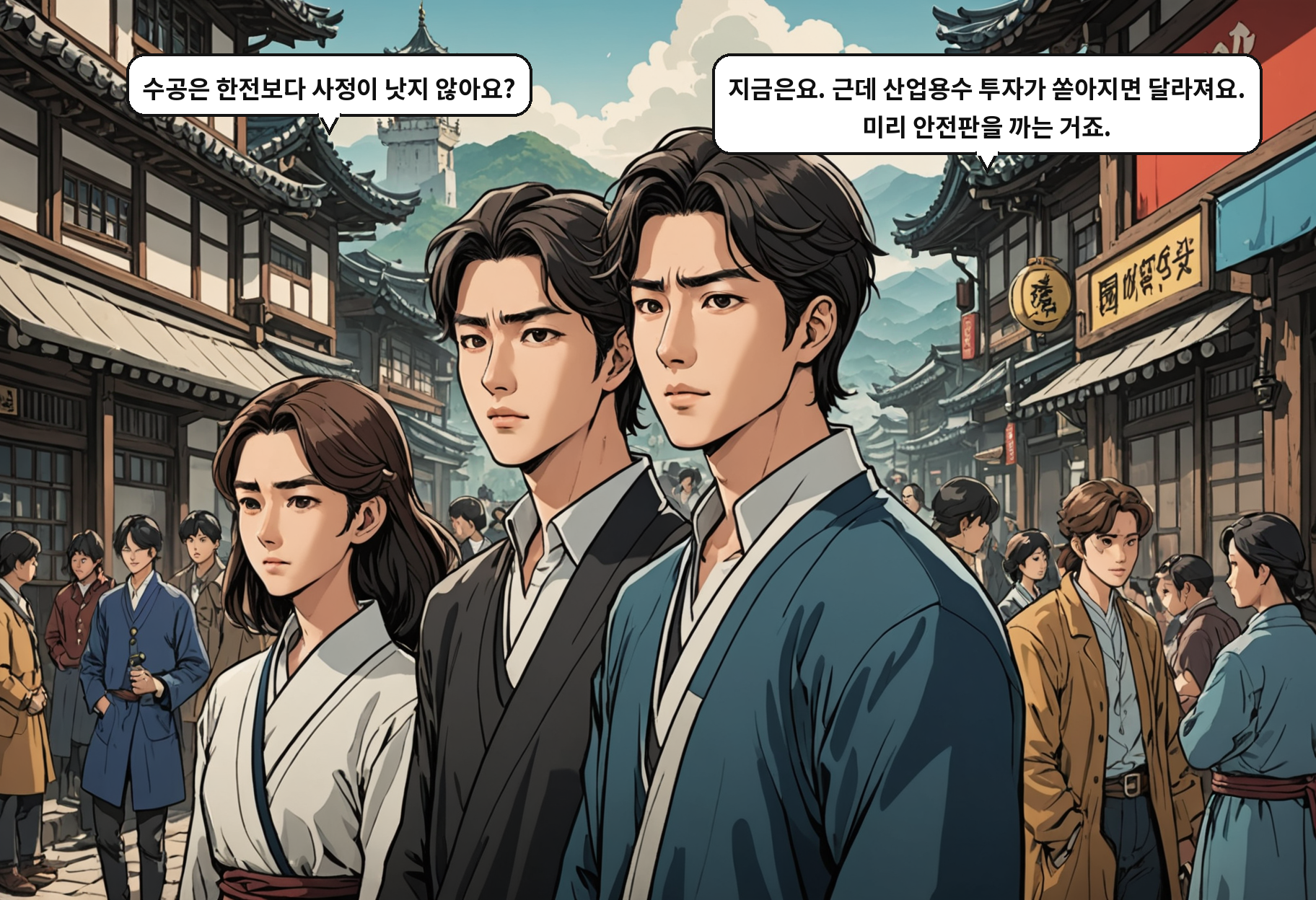 B: 수공은 한전보다 사정이 낫지 않아요? A: 지금은요. 근데 산업용수 투자가 쏟아지면 달라져요. 미리 안전판을 까는 거죠.