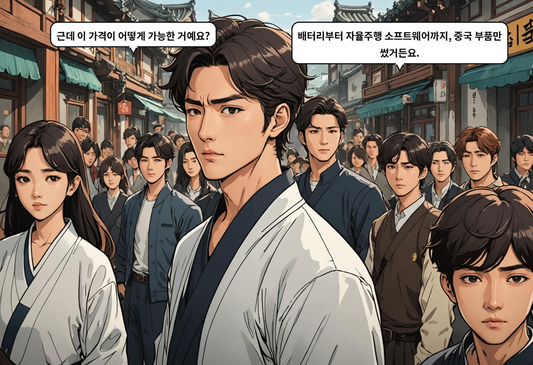 A: 근데 이 가격이 어떻게 가능한 거예요? B: 배터리부터 자율주행 소프트웨어까지, 중국 부품만 썼거든요.