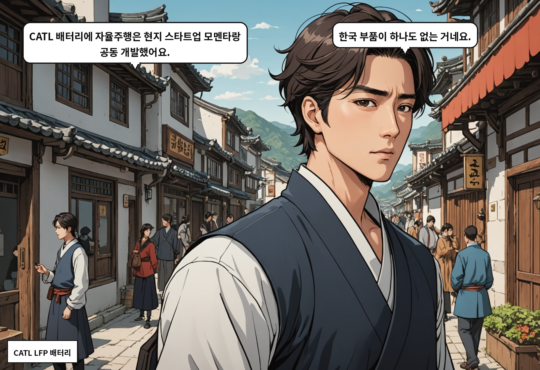 B: CATL 배터리에 자율주행은 현지 스타트업 모멘타랑 공동 개발했어요. A: 한국 부품이 하나도 없는 거네요.
