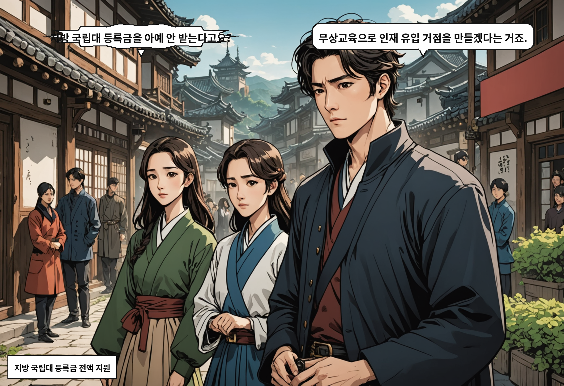 A: 지방 국립대 등록금을 아예 안 받는다고요? B: 무상교육으로 인재 유입 거점을 만들겠다는 거죠.
