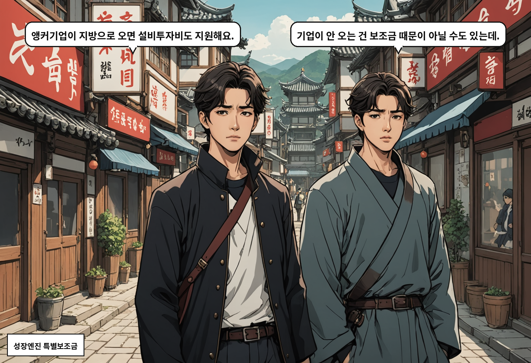 B: 앵커기업이 지방으로 오면 설비투자비도 지원해요. A: 기업이 안 오는 건 보조금 때문이 아닐 수도 있는데.