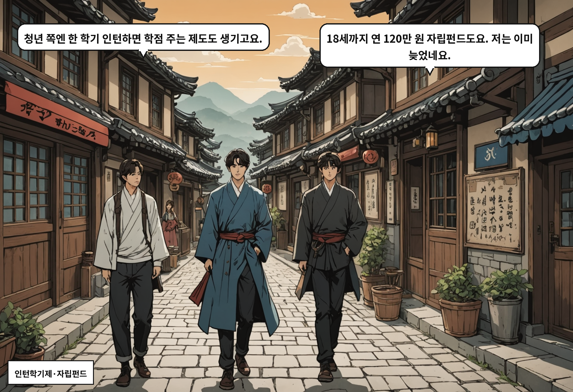B: 청년 쪽엔 한 학기 인턴하면 학점 주는 제도도 생기고요. A: 18세까지 연 120만 원 자립펀드도요. 저는 이미 늦었네요.