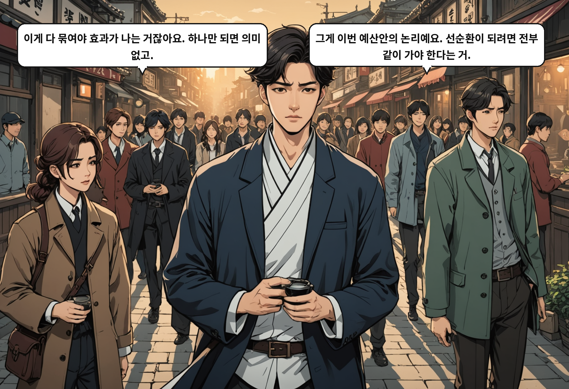 A: 이게 다 묶여야 효과가 나는 거잖아요. 하나만 되면 의미 없고. B: 그게 이번 예산안의 논리예요. 선순환이 되려면 전부 같이 가야 한다는 거.