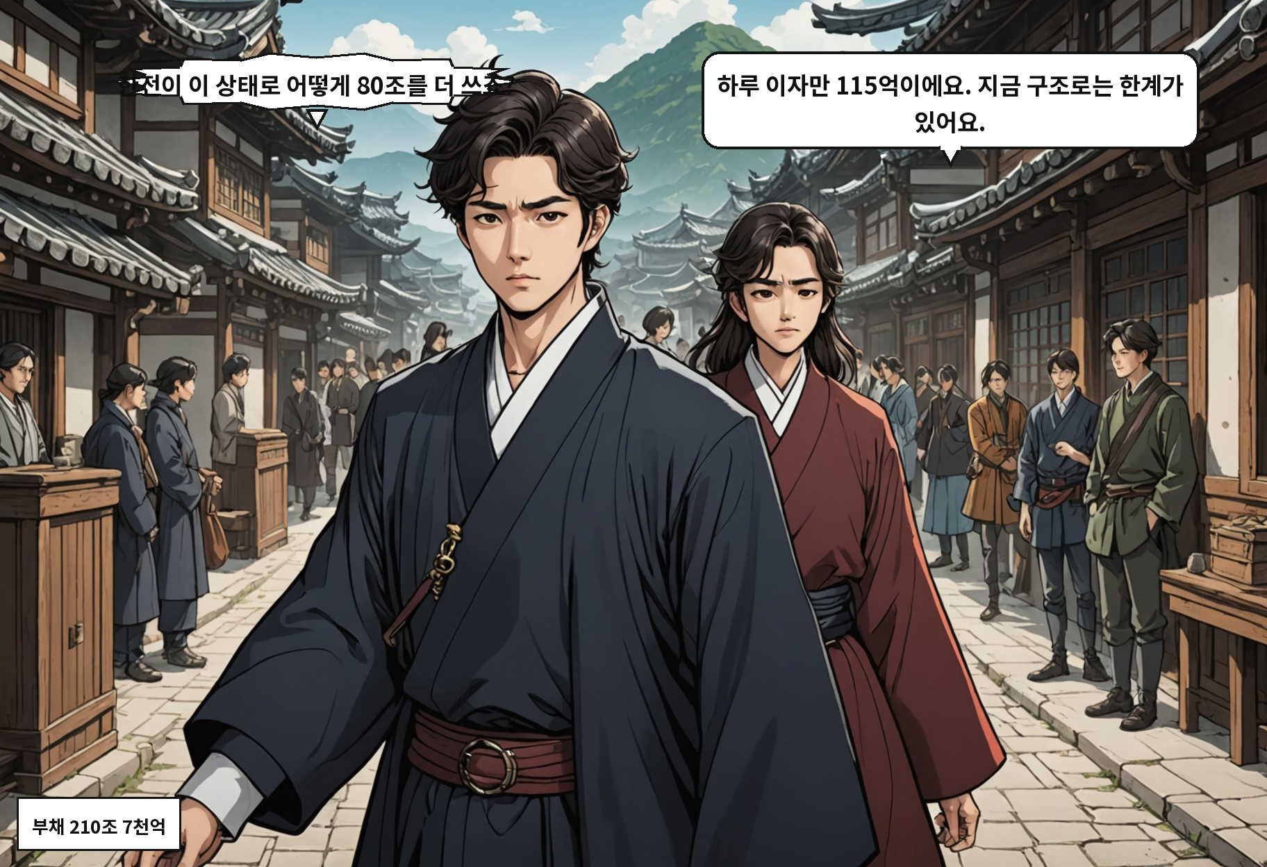 A: 한전이 이 상태로 어떻게 80조를 더 쓰죠? B: 하루 이자만 115억이에요. 지금 구조로는 한계가 있어요.