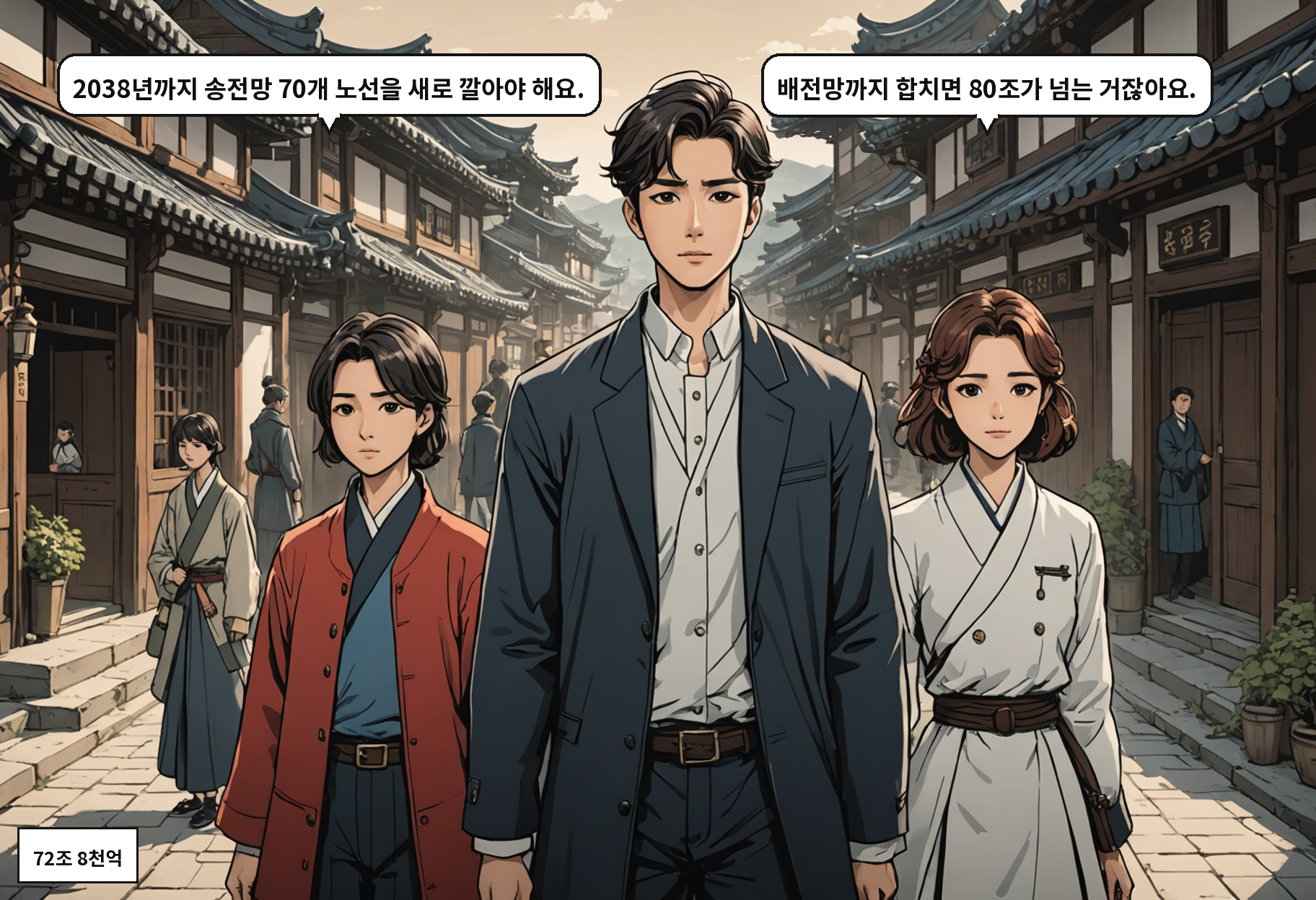 B: 2038년까지 송전망 70개 노선을 새로 깔아야 해요. A: 배전망까지 합치면 80조가 넘는 거잖아요.
