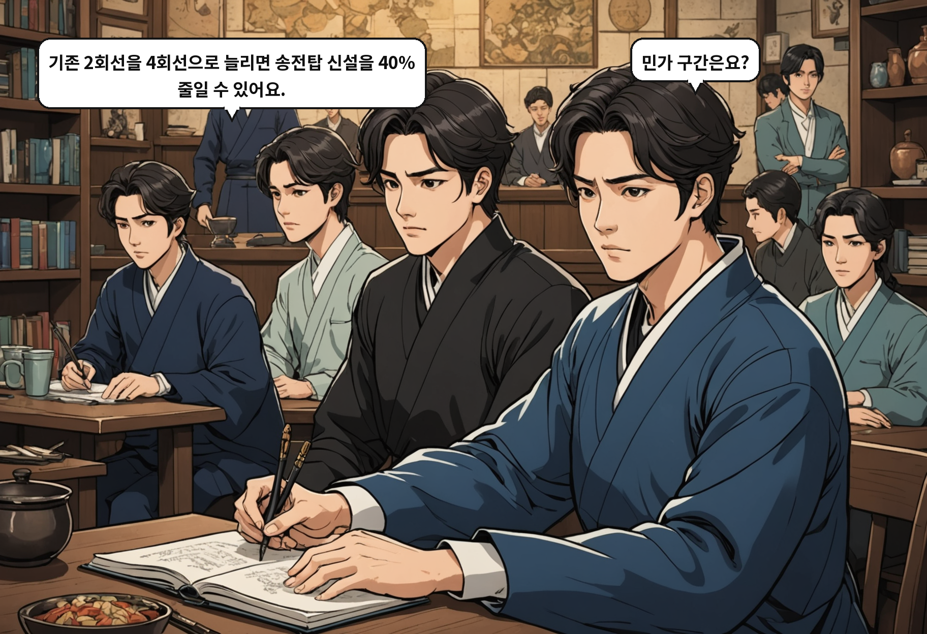 B: 기존 2회선을 4회선으로 늘리면 송전탑 신설을 40% 줄일 수 있어요. A: 민가 구간은요?