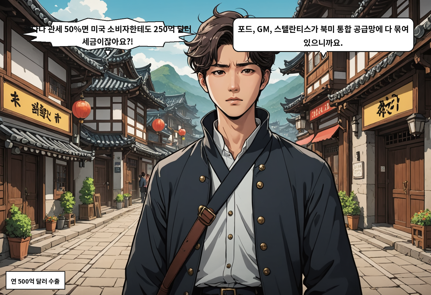 A: 캐나다 관세 50%면 미국 소비자한테도 250억 달러 세금이잖아요?! B: 포드, GM, 스텔란티스가 북미 통합 공급망에 다 묶여 있으니까요.