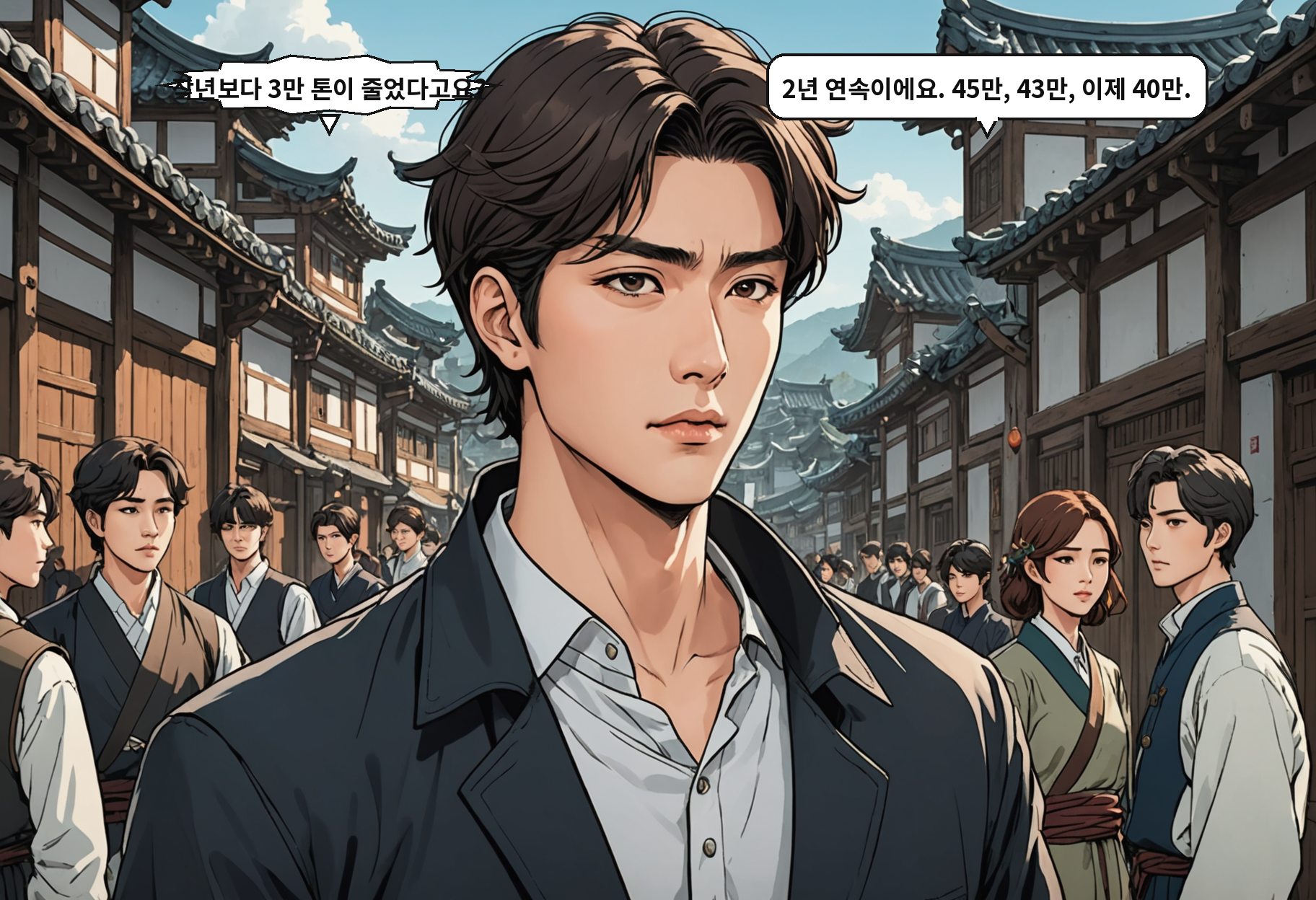 B: 작년보다 3만 톤이 줄었다고요? A: 2년 연속이에요. 45만, 43만, 이제 40만.