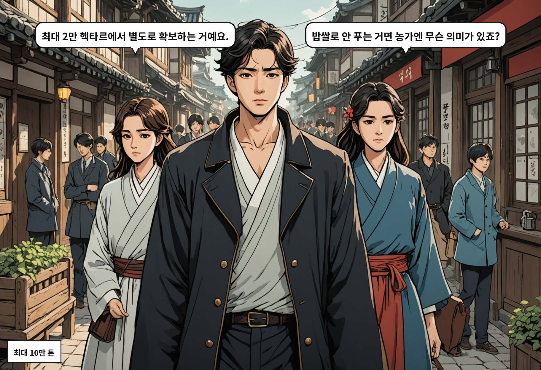 A: 최대 2만 헥타르에서 별도로 확보하는 거예요. B: 밥쌀로 안 푸는 거면 농가엔 무슨 의미가 있죠?