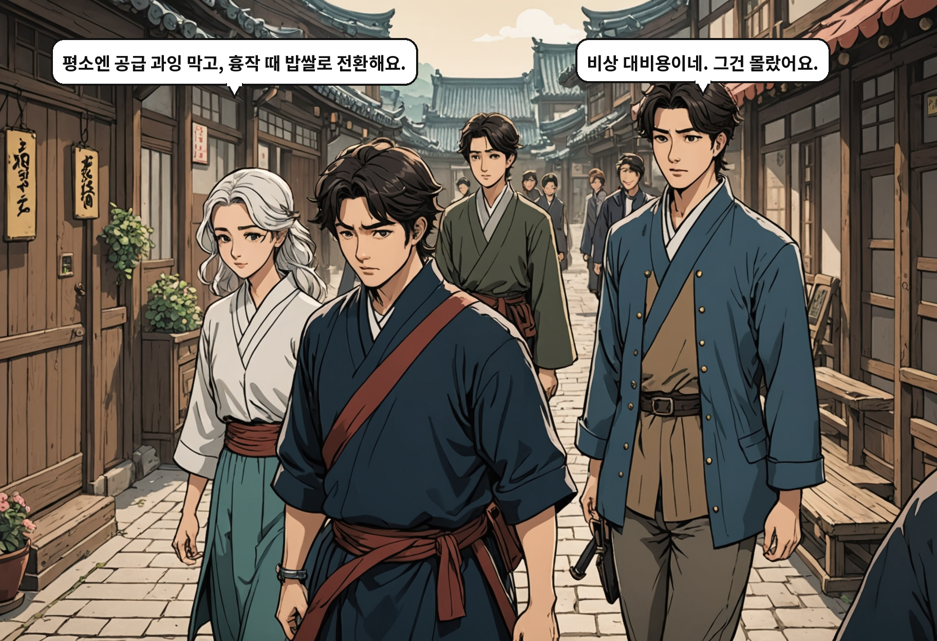 A: 평소엔 공급 과잉 막고, 흉작 때 밥쌀로 전환해요. B: 비상 대비용이네. 그건 몰랐어요.