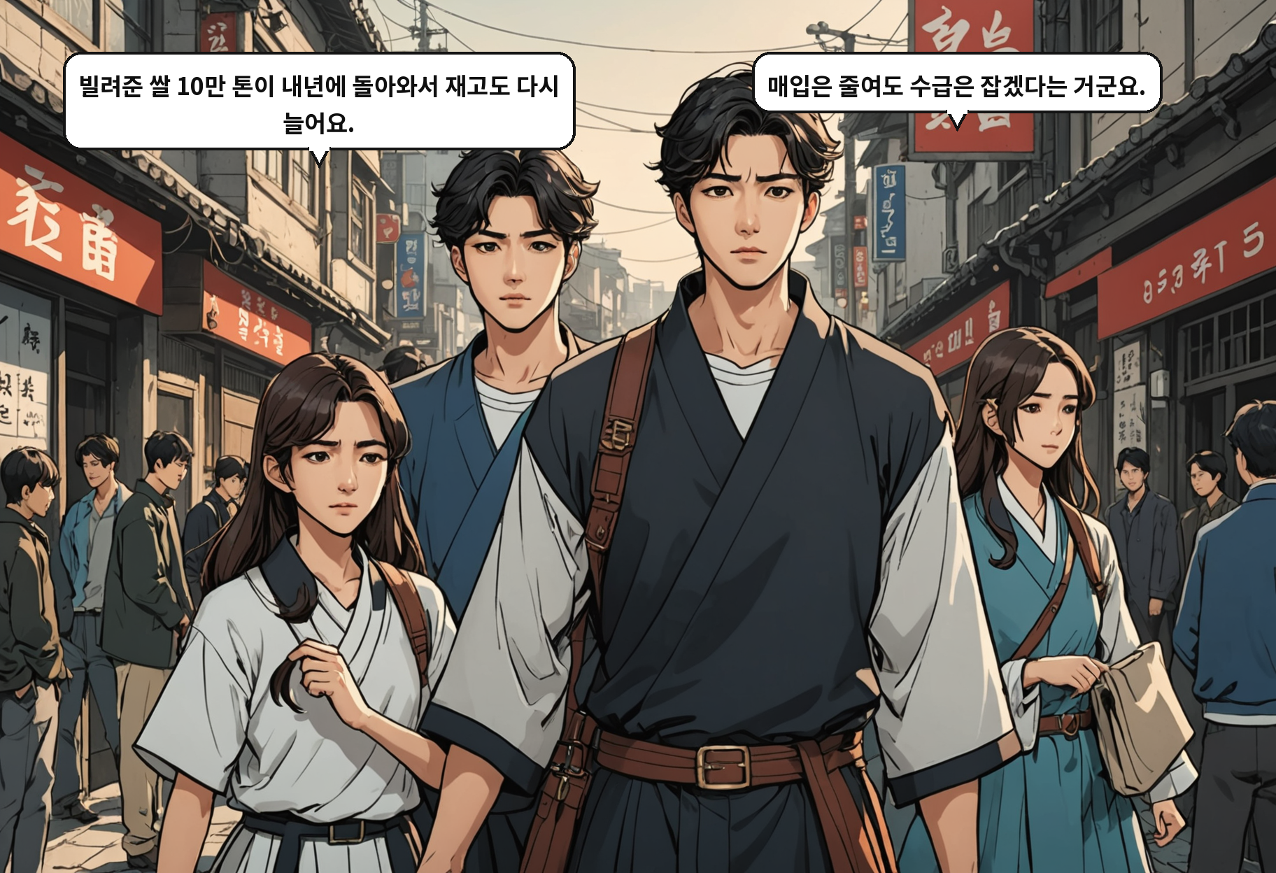A: 빌려준 쌀 10만 톤이 내년에 돌아와서 재고도 다시 늘어요. B: 매입은 줄여도 수급은 잡겠다는 거군요.