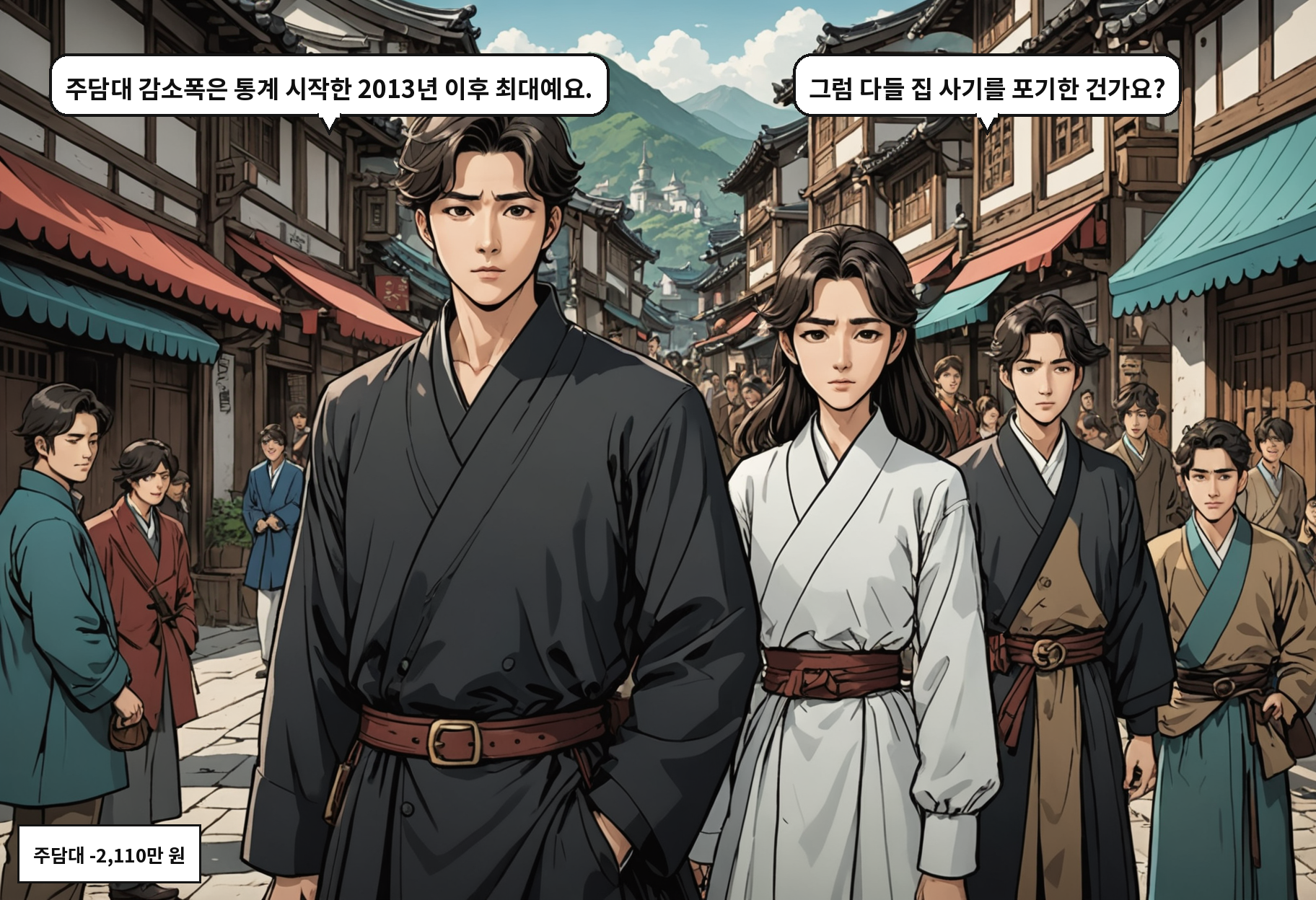 B: 주담대 감소폭은 통계 시작한 2013년 이후 최대예요. A: 그럼 다들 집 사기를 포기한 건가요?