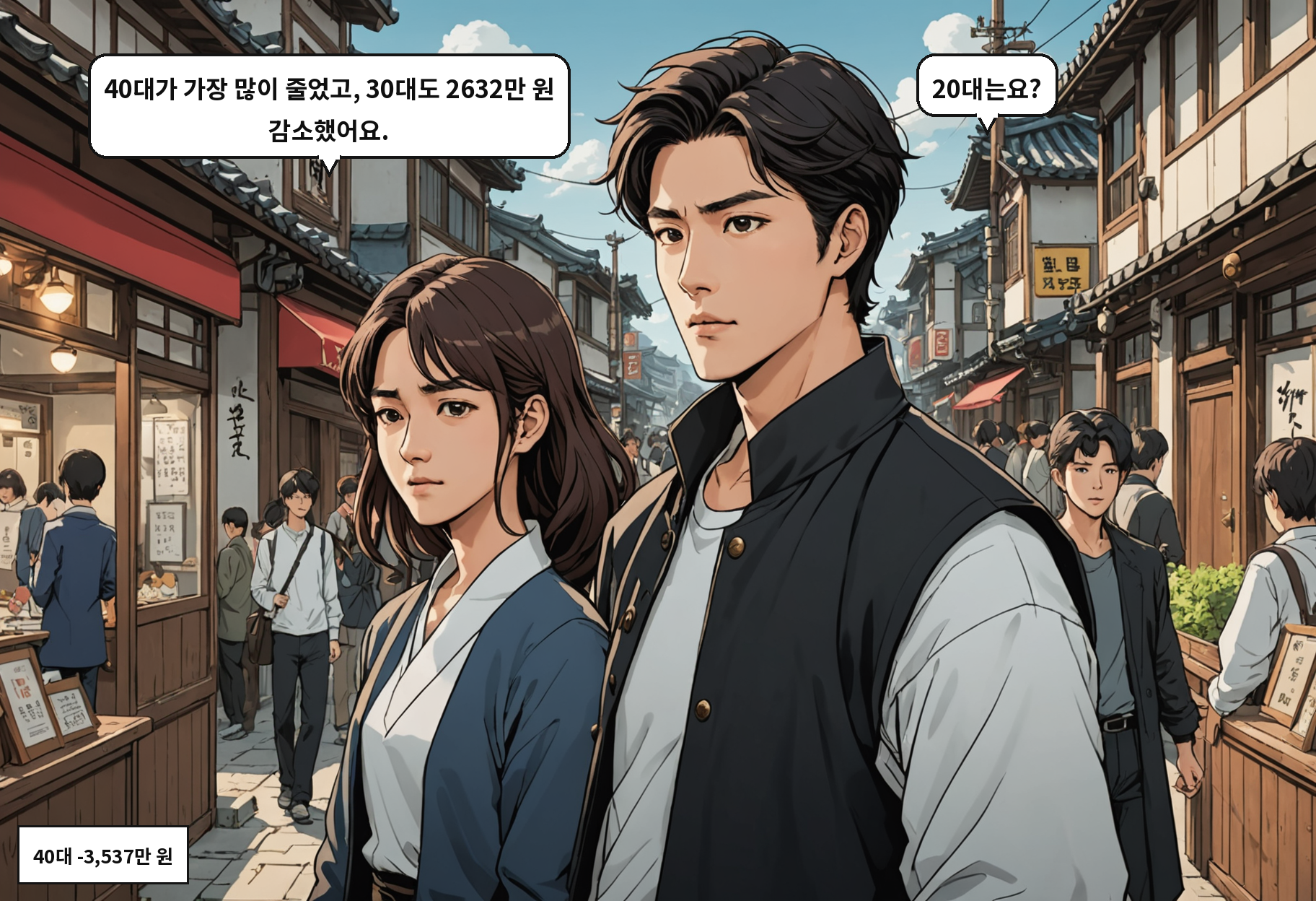 B: 40대가 가장 많이 줄었고, 30대도 2632만 원 감소했어요. A: 20대는요?