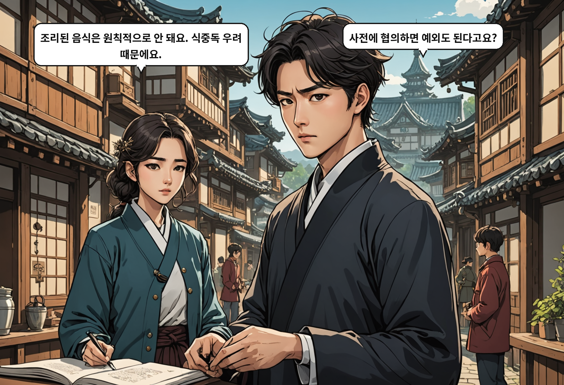 B: 조리된 음식은 원칙적으로 안 돼요. 식중독 우려 때문에요. A: 사전에 협의하면 예외도 된다고요?