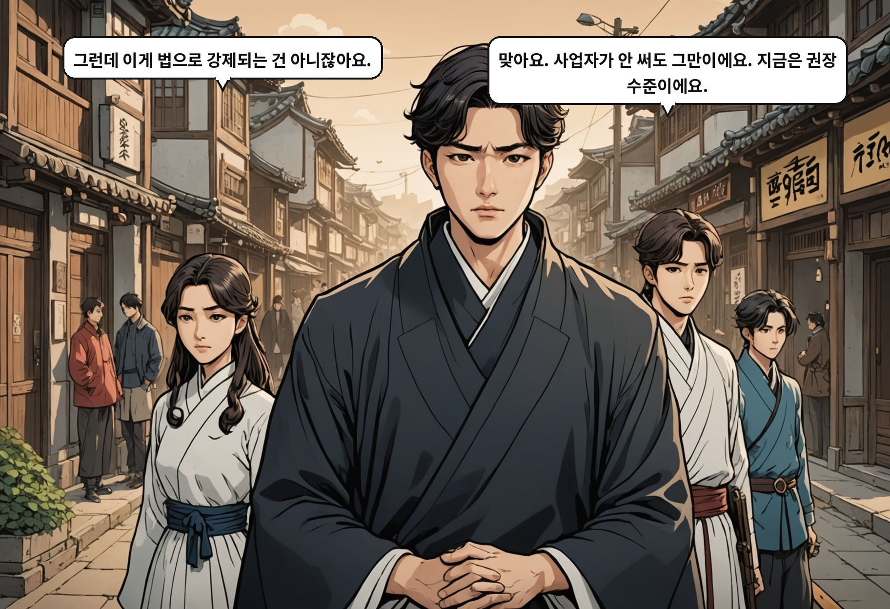 A: 그런데 이게 법으로 강제되는 건 아니잖아요. B: 맞아요. 사업자가 안 써도 그만이에요. 지금은 권장 수준이에요.