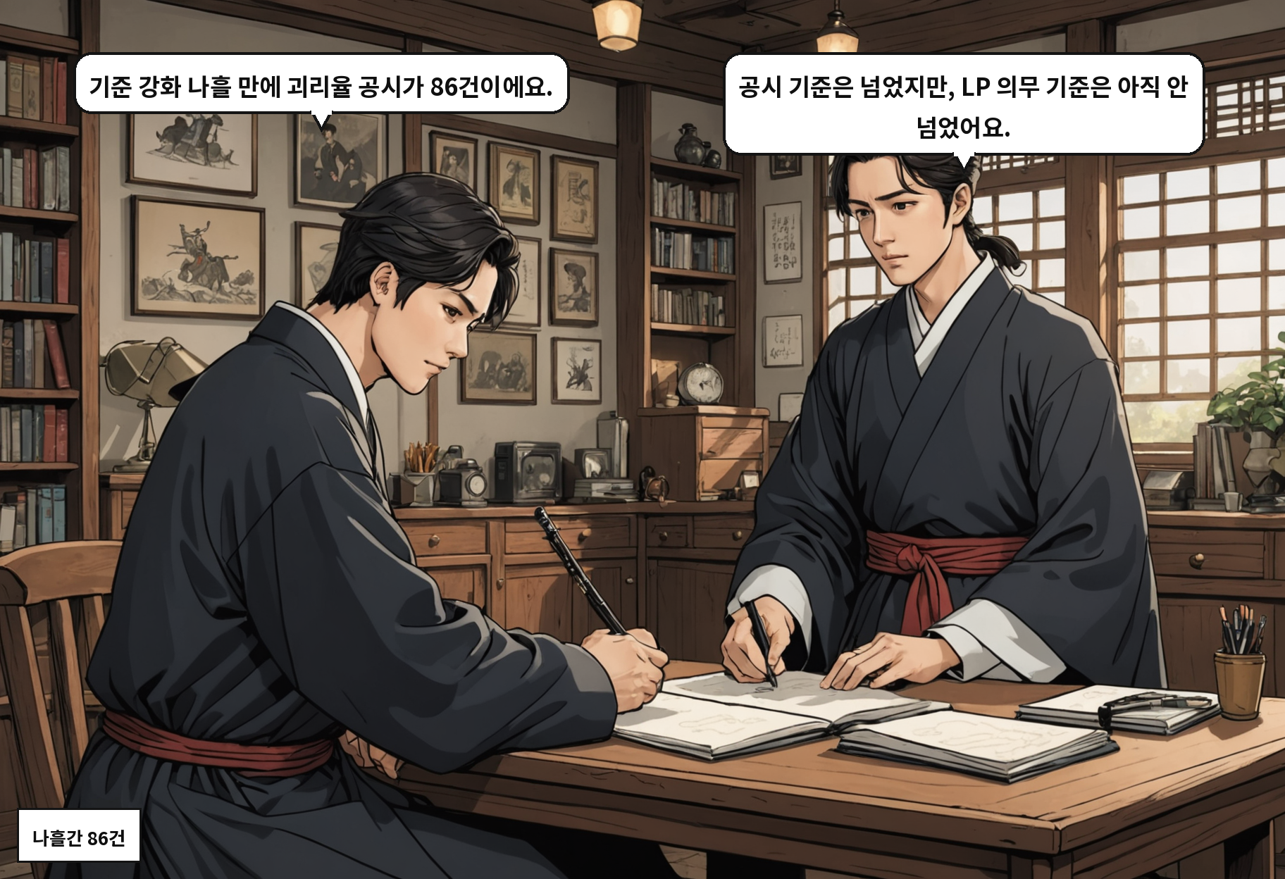B: 기준 강화 나흘 만에 괴리율 공시가 86건이에요. A: 공시 기준은 넘었지만, LP 의무 기준은 아직 안 넘었어요.