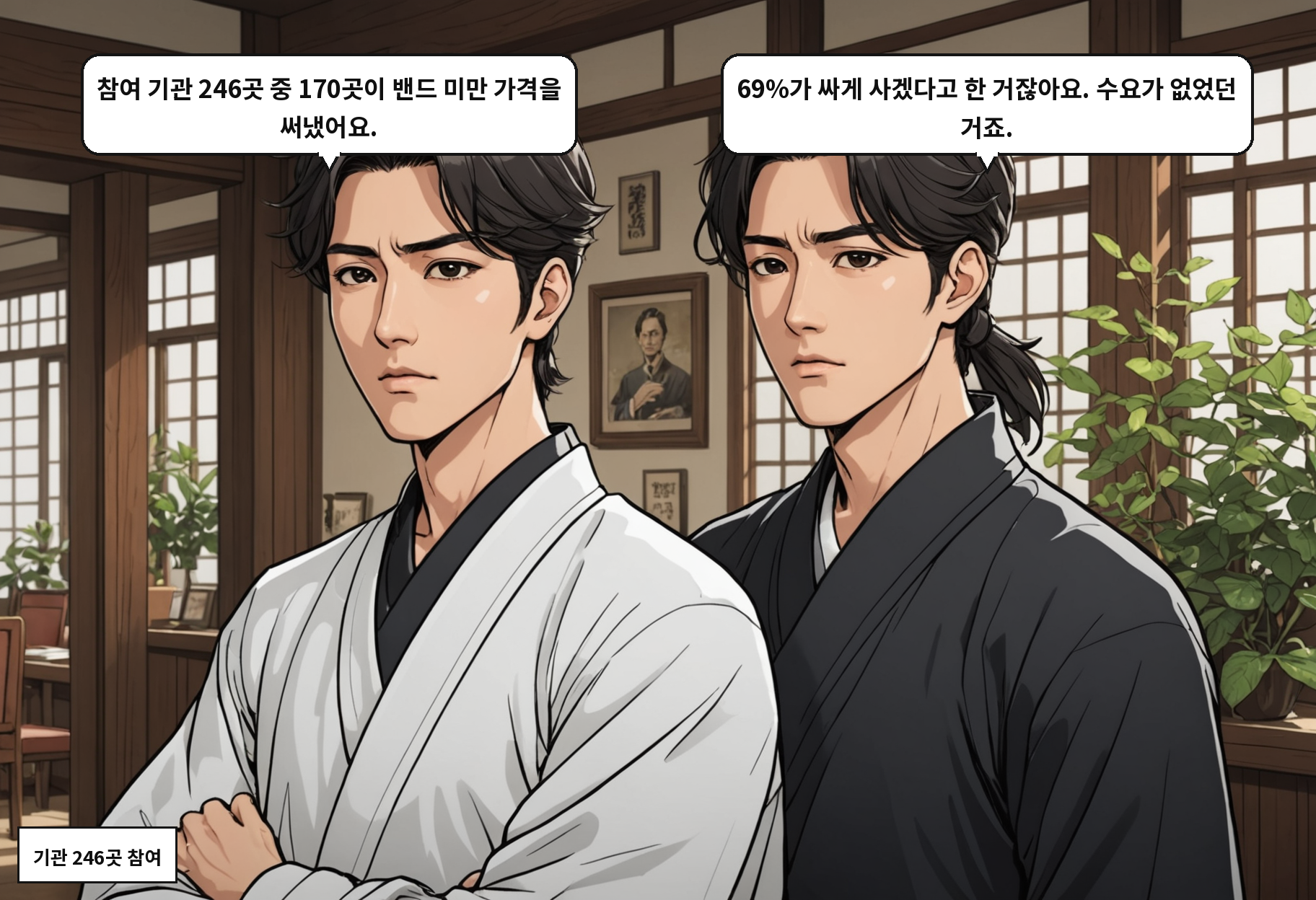 A: 참여 기관 246곳 중 170곳이 밴드 미만 가격을 써냈어요. B: 69%가 싸게 사겠다고 한 거잖아요. 수요가 없었던 거죠.