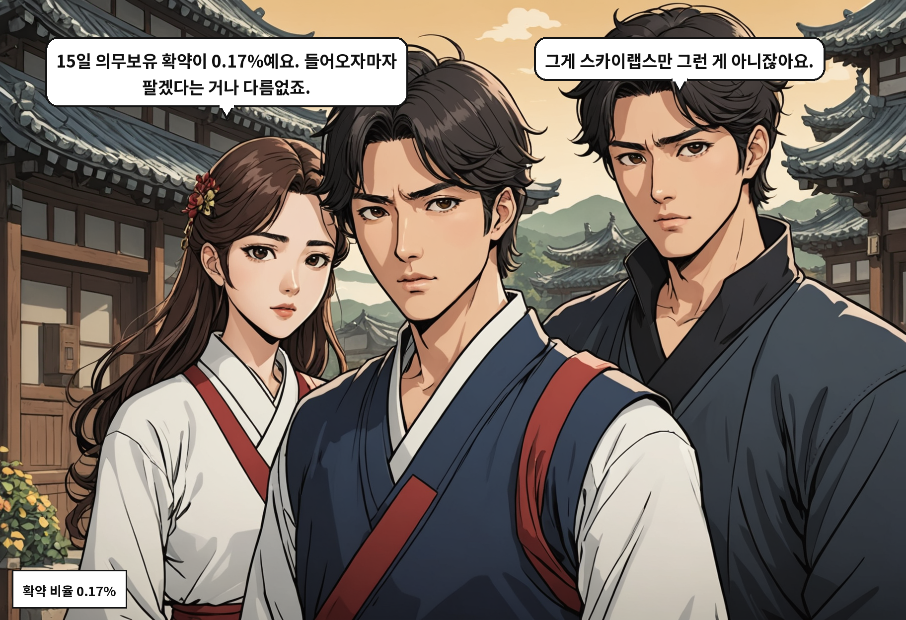 A: 15일 의무보유 확약이 0.17%예요. 들어오자마자 팔겠다는 거나 다름없죠. B: 그게 스카이랩스만 그런 게 아니잖아요.