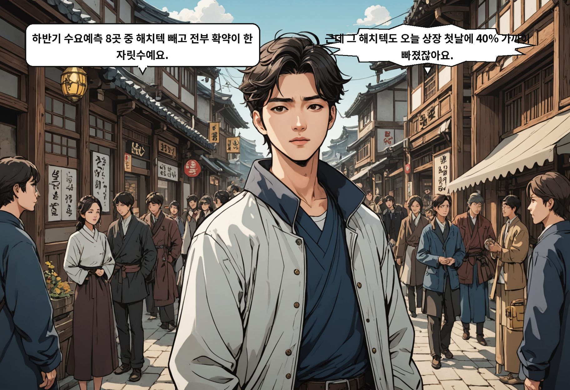 A: 하반기 수요예측 8곳 중 해치텍 빼고 전부 확약이 한 자릿수예요. B: 근데 그 해치텍도 오늘 상장 첫날에 40% 가까이 빠졌잖아요.