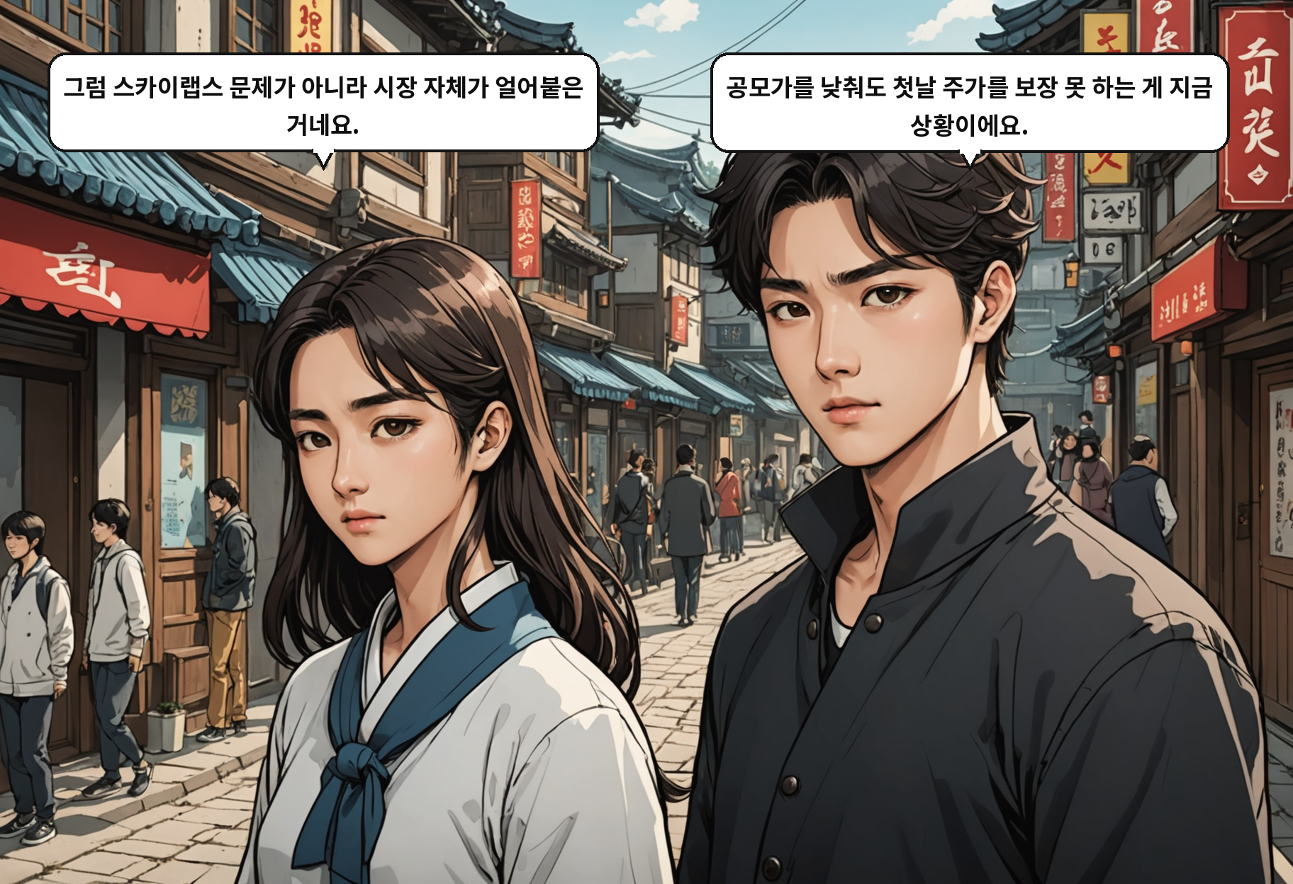 B: 그럼 스카이랩스 문제가 아니라 시장 자체가 얼어붙은 거네요. A: 공모가를 낮춰도 첫날 주가를 보장 못 하는 게 지금 상황이에요.