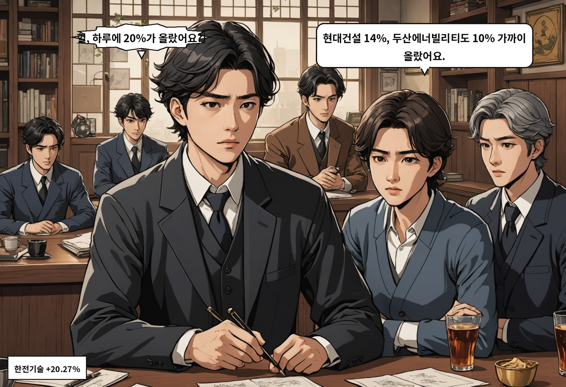 B: 헐, 하루에 20%가 올랐어요?! A: 현대건설 14%, 두산에너빌리티도 10% 가까이 올랐어요.