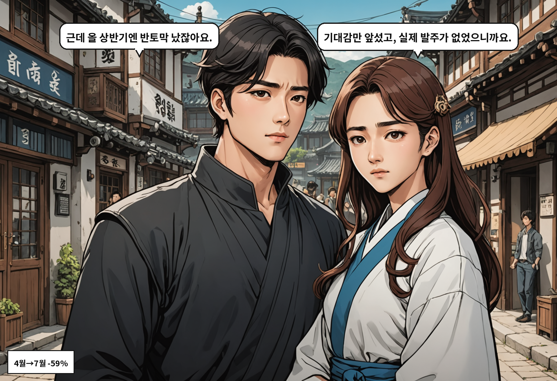 B: 근데 올 상반기엔 반토막 났잖아요. A: 기대감만 앞섰고, 실제 발주가 없었으니까요.