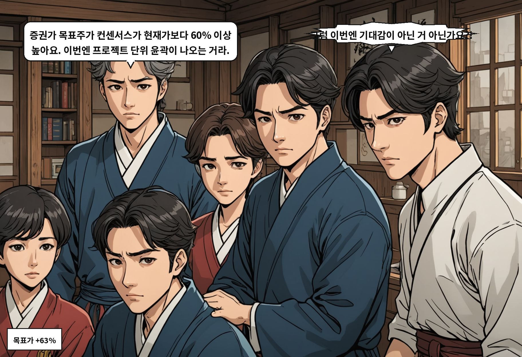 A: 증권가 목표주가 컨센서스가 현재가보다 60% 이상 높아요. 이번엔 프로젝트 단위 윤곽이 나오는 거라. B: 그럼 이번엔 기대감이 아닌 거 아닌가요?!