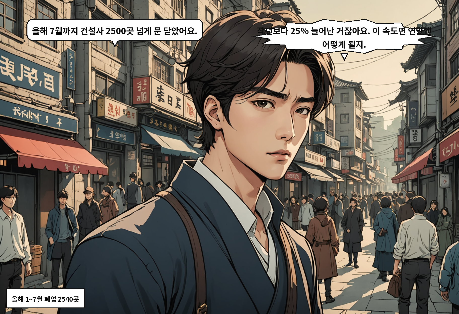 A: 올해 7월까지 건설사 2500곳 넘게 문 닫았어요. B: 작년보다 25% 늘어난 거잖아요. 이 속도면 연말엔 어떻게 될지.
