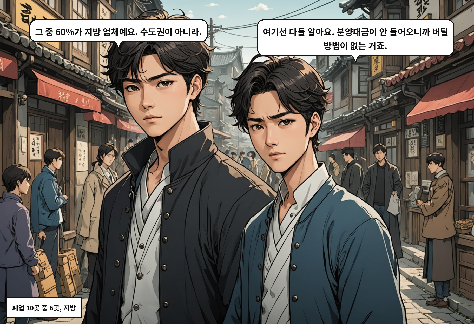 A: 그 중 60%가 지방 업체예요. 수도권이 아니라. B: 여기선 다들 알아요. 분양대금이 안 들어오니까 버틸 방법이 없는 거죠.