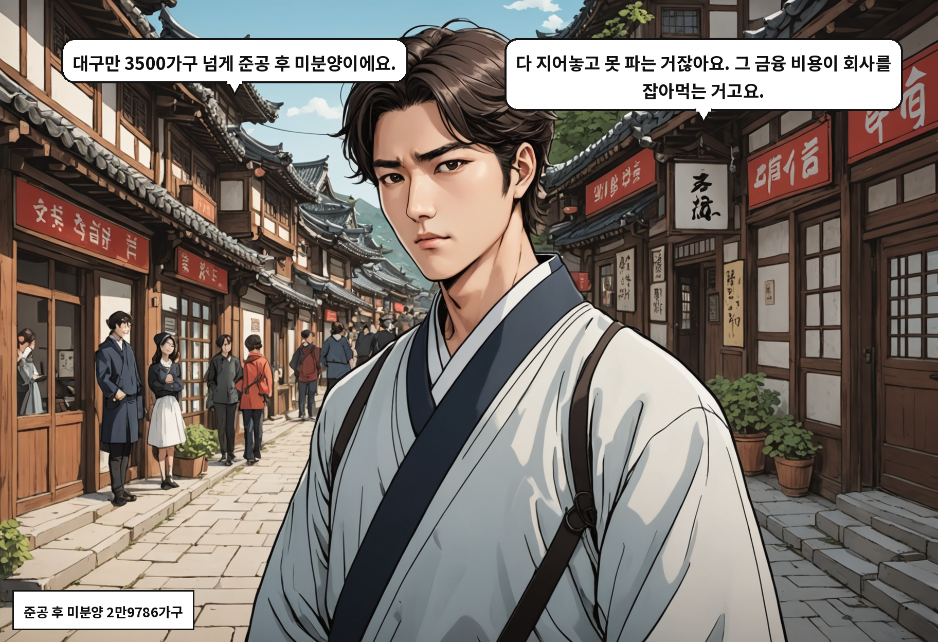 A: 대구만 3500가구 넘게 준공 후 미분양이에요. B: 다 지어놓고 못 파는 거잖아요. 그 금융 비용이 회사를 잡아먹는 거고요.