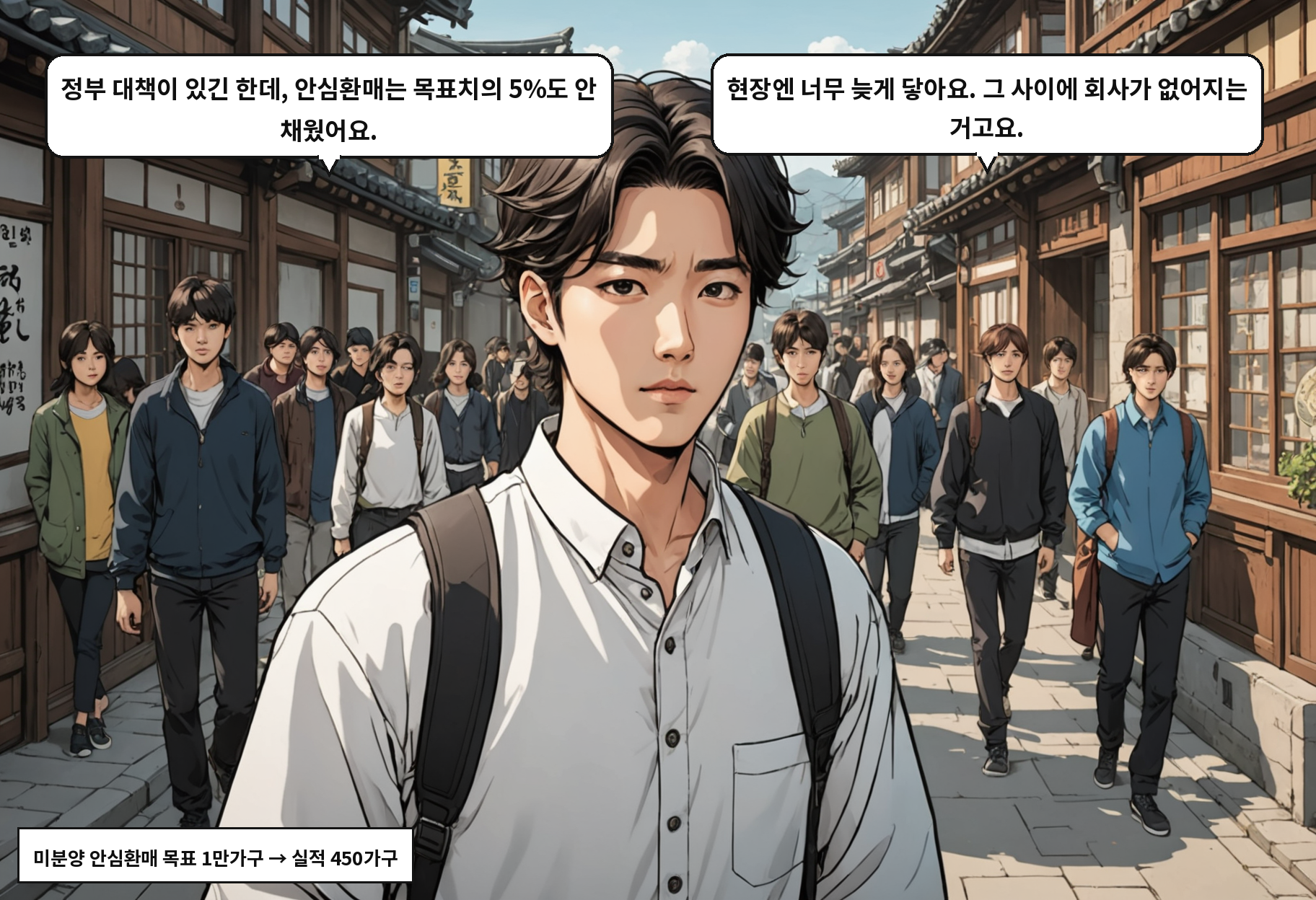 A: 정부 대책이 있긴 한데, 안심환매는 목표치의 5%도 안 채웠어요. B: 현장엔 너무 늦게 닿아요. 그 사이에 회사가 없어지는 거고요.