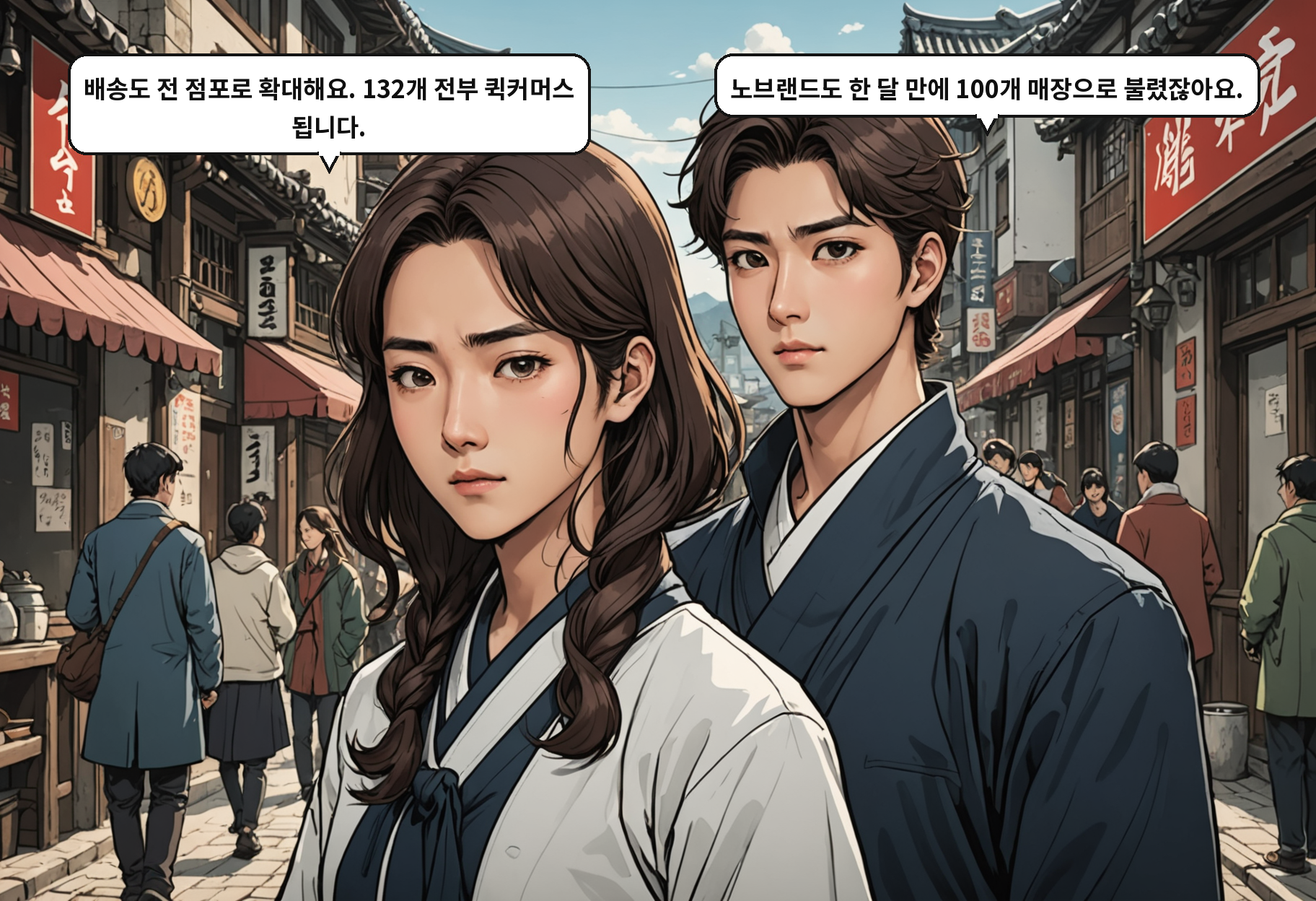 B: 배송도 전 점포로 확대해요. 132개 전부 퀵커머스 됩니다. A: 노브랜드도 한 달 만에 100개 매장으로 불렸잖아요.