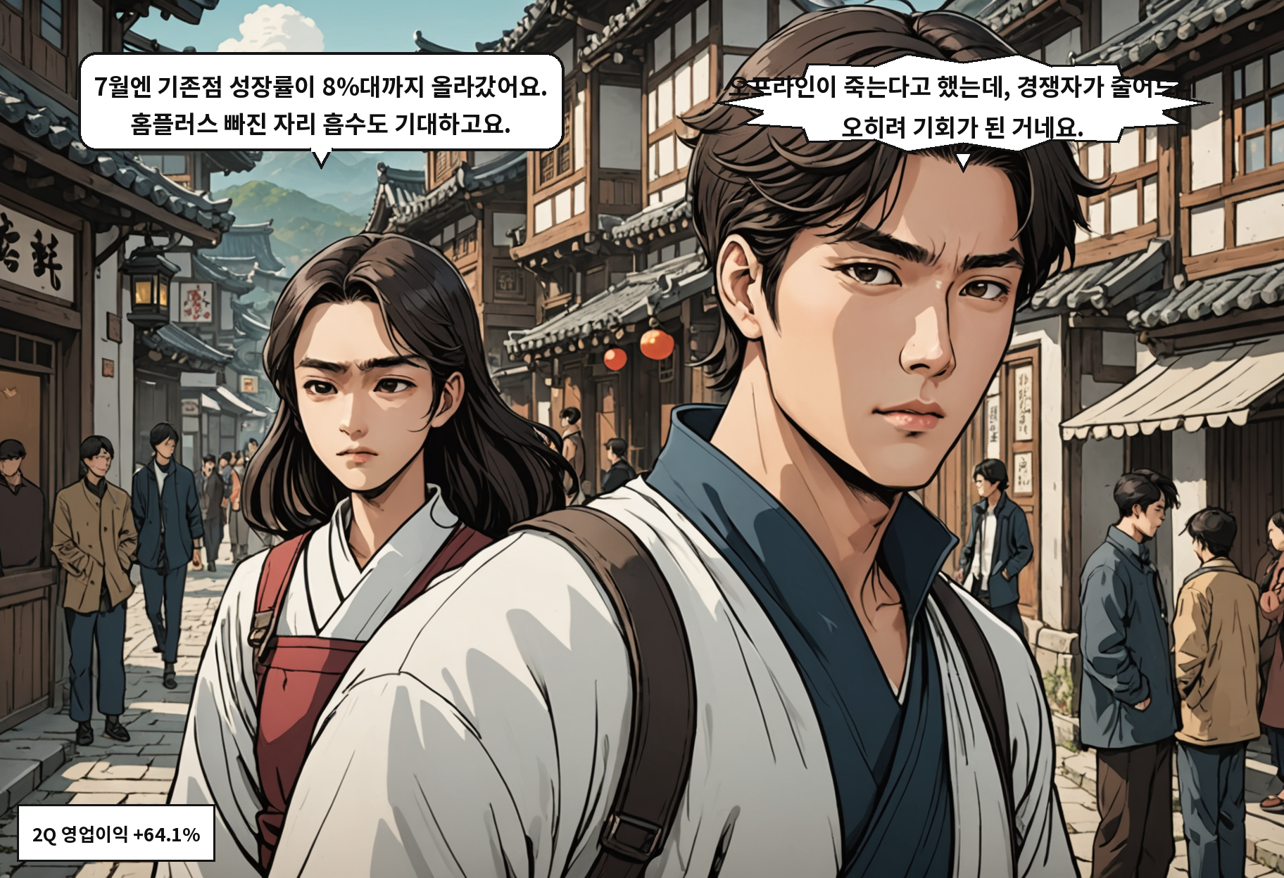 B: 7월엔 기존점 성장률이 8%대까지 올라갔어요. 홈플러스 빠진 자리 흡수도 기대하고요. A: 오프라인이 죽는다고 했는데, 경쟁자가 줄어드니 오히려 기회가 된 거네요.